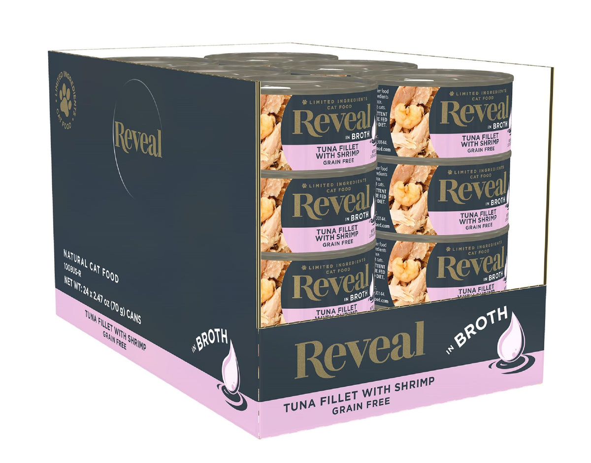 Reveal Natural Wet Cat Food, 24 Count, Grain Free, Limited Ingredient Canned Food For Cats, Tuna Fillet With Shrimp In Broth, 2.47 Oz Cans