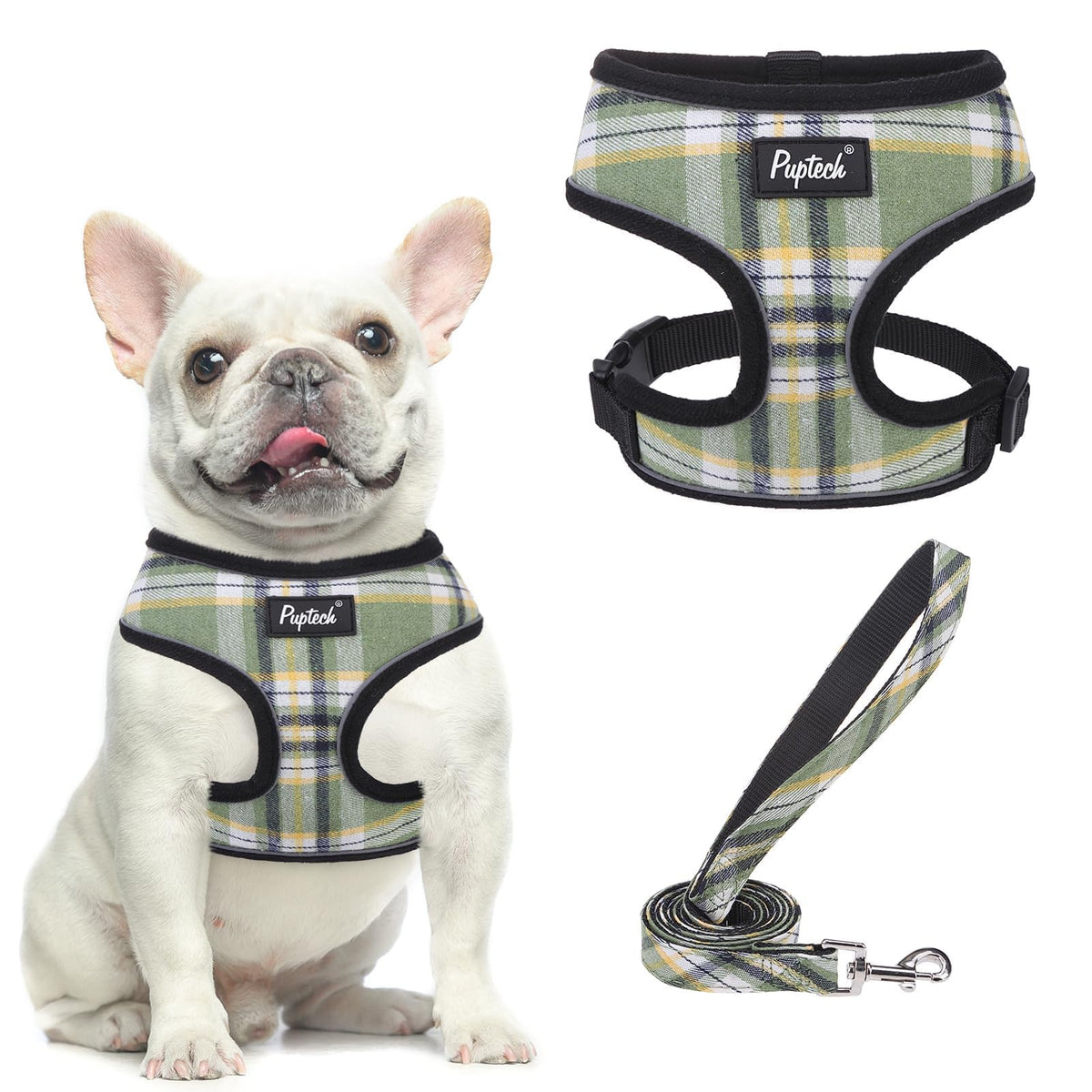Pupteck Soft Mesh Dog Harness And Leash Set Pet Puppy Cat Comfort Padded Vest No Pull Harnesses, Green/Yellow, L
