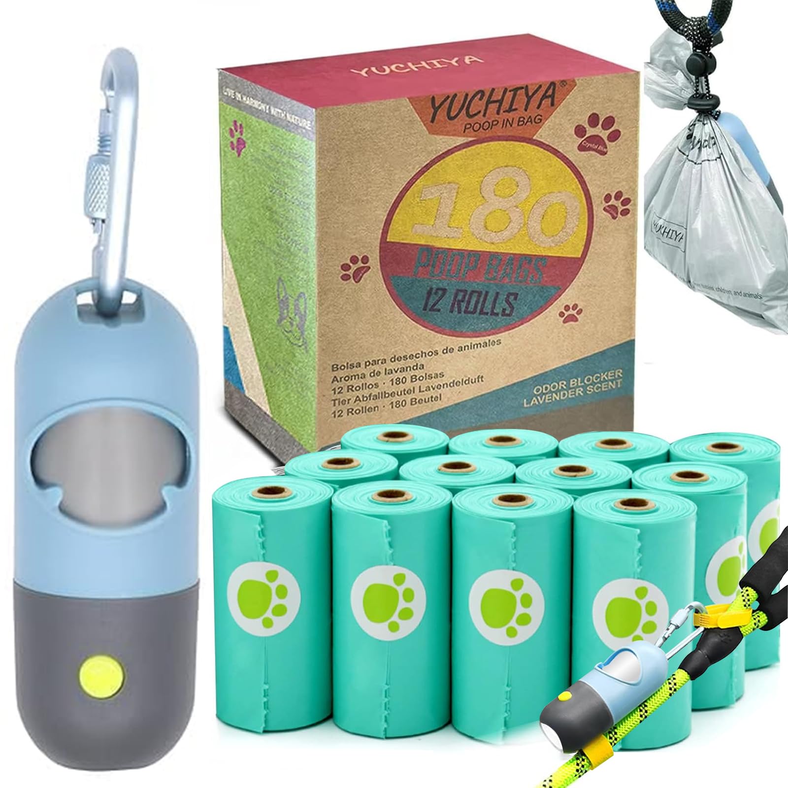 Dog Waste Bags Holder With Led Flashlight Doggie Poop Bags Dispenser With 13 Rolls Leak-Proof Pet Trash Bags Rechargable Usb Cab