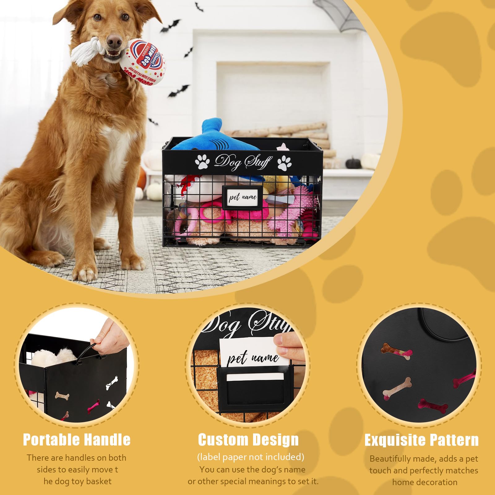 Bfttlity Dog Toy Bin - Metal Dog Toy Basket Box with Handles and Label Position Design Perfect for Pet Toys, Blankets, Clothes a