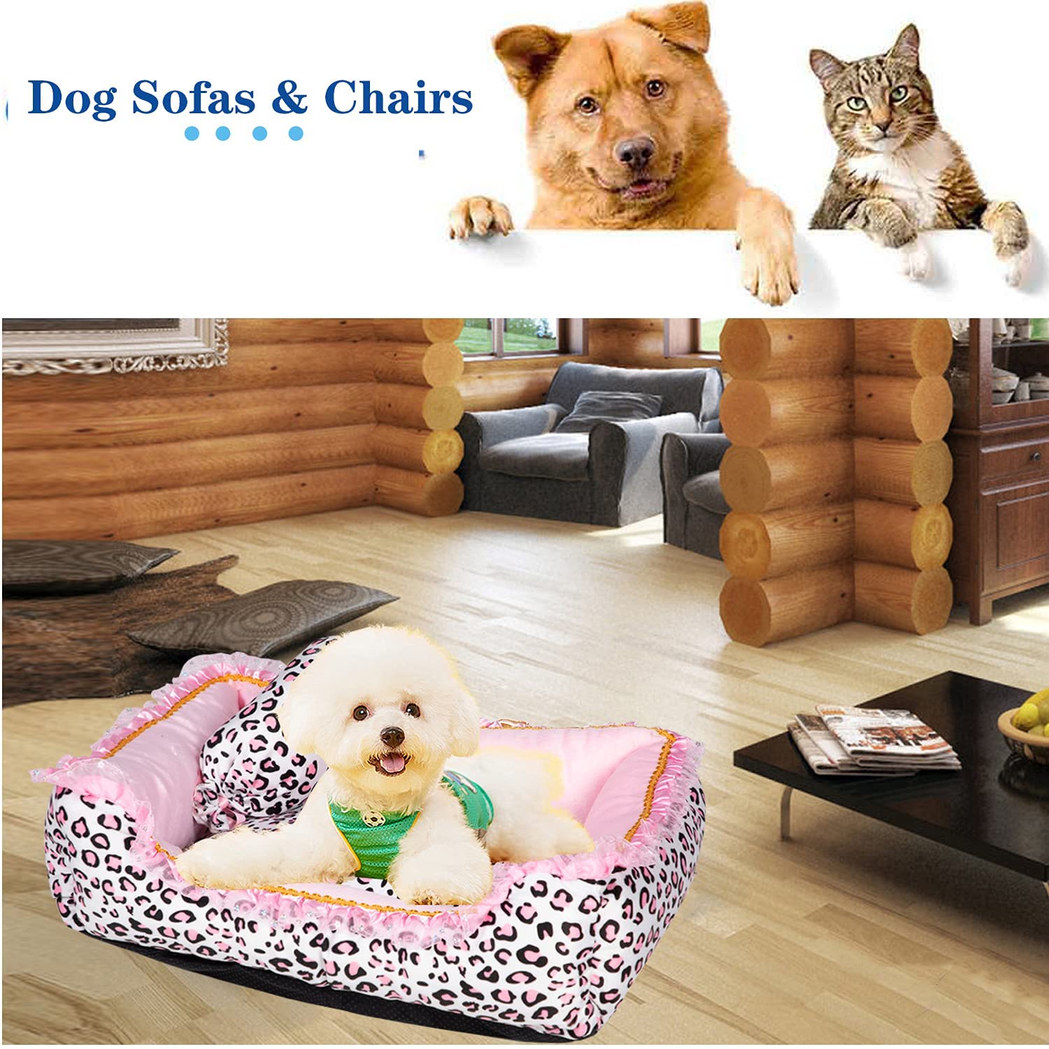 Gigreinc Dog Bed For Small Dogs - Cute Pink Leopard Dog Bed,Cat Beds For Indoor Cats Washable - Square Shape Cat Dog Sofa Bed Pet House Nest Cave(M, 20.8' L X 18' W X 5.5'