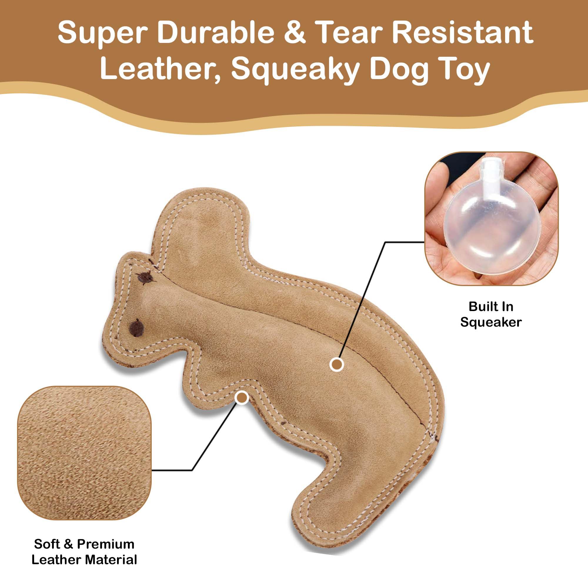 Spot Dura-Fused Leather Squirrel - Dog Toy With Squeaker, Made With Real Leather And Jute Fabric, Interactive Toy For Aggressive Chewers, Durable Squeaky Toy For Dogs And Puppies, 8 Inch