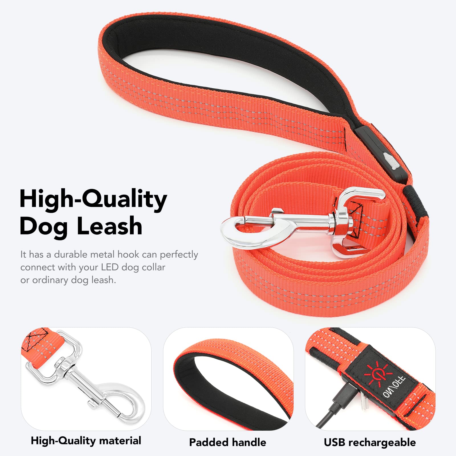 Colaseeme Led Dog Leash Light Up Dog Leash 4 Feet Micro Usb Rechargeable Nylon Webbing Glow Safety Standard Dog Leashes For Dogs (Orange With 3 Reflective Wires)