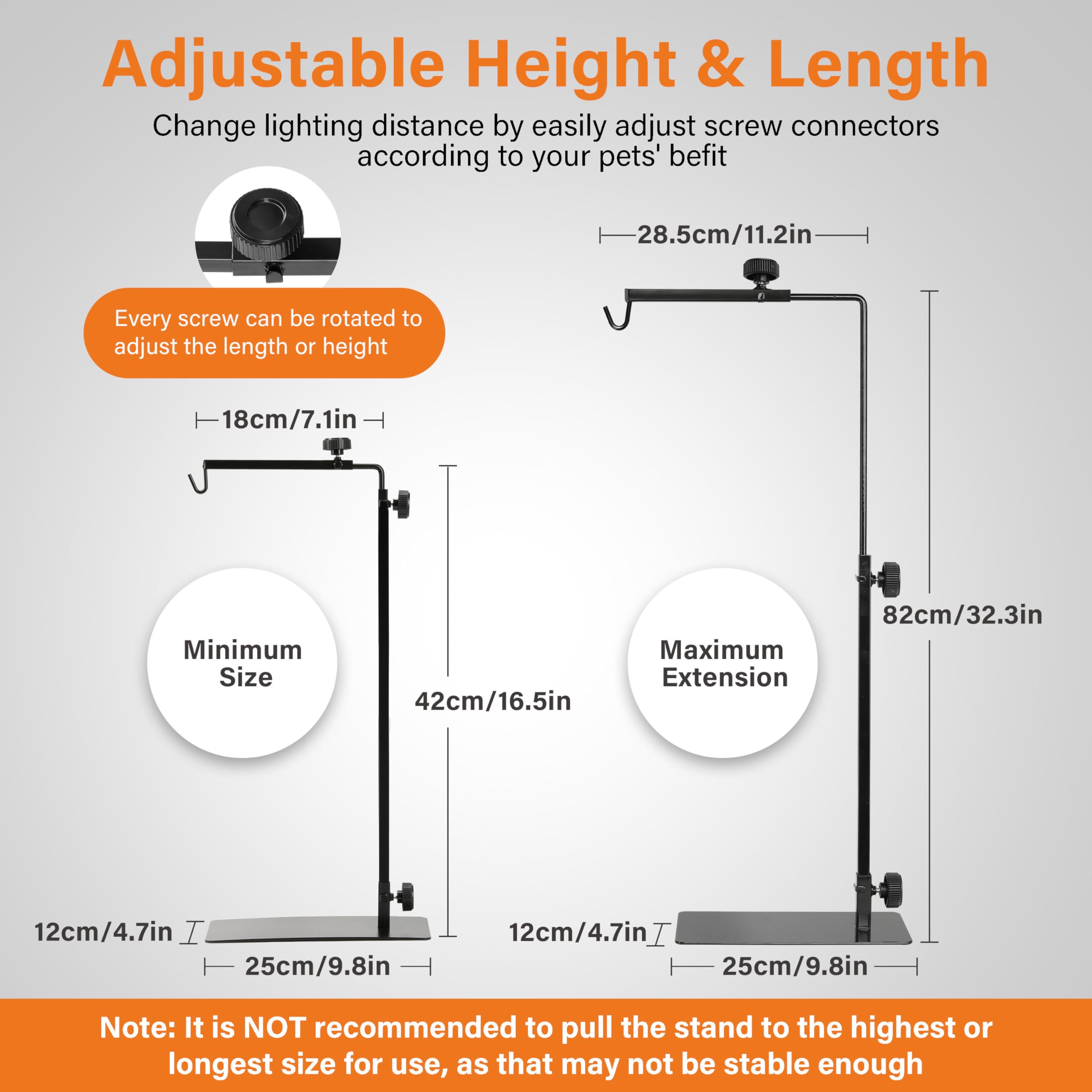 Simple Deluxe Reptile Light Stand Adjustable 16-32 inch Floor Lamp Holder, Metal Bracket for Reptile Tank & Terrarium Heating Li