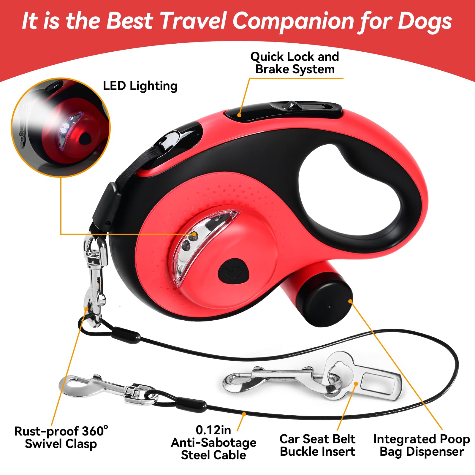 ODRIEW Retractable Dog Leash - Heavy Duty 26ft for Large Dogs up to 110lbs, Chew Proof, LED Light, Red