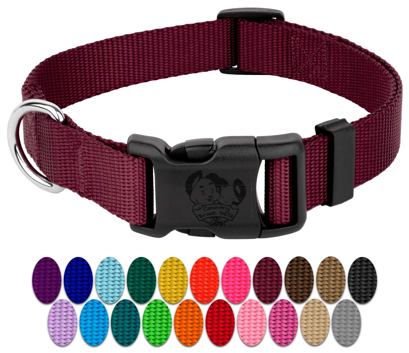 Country Brook Petz - 30+ Vibrant Colors - American Made Deluxe Nylon Dog Collar With Buckle (Small, 3/4 Inch Wide, Burgundy)