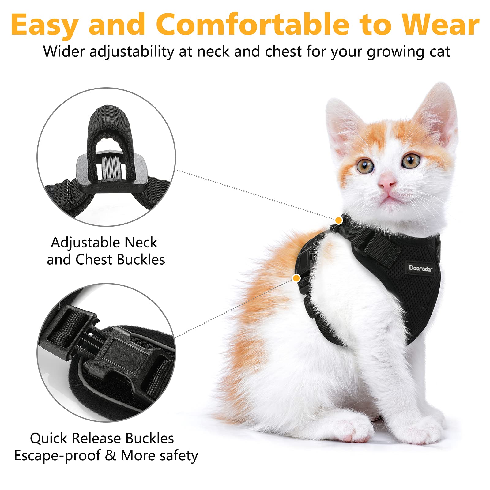 Dooradar Cat Harness And Leash Set, Escape Proof Safe Adjustable Kitten Vest Harnesses For Walking, Easy Control Soft Breathable Mesh Jacket With Reflective Strips For Cats, Black, Xs