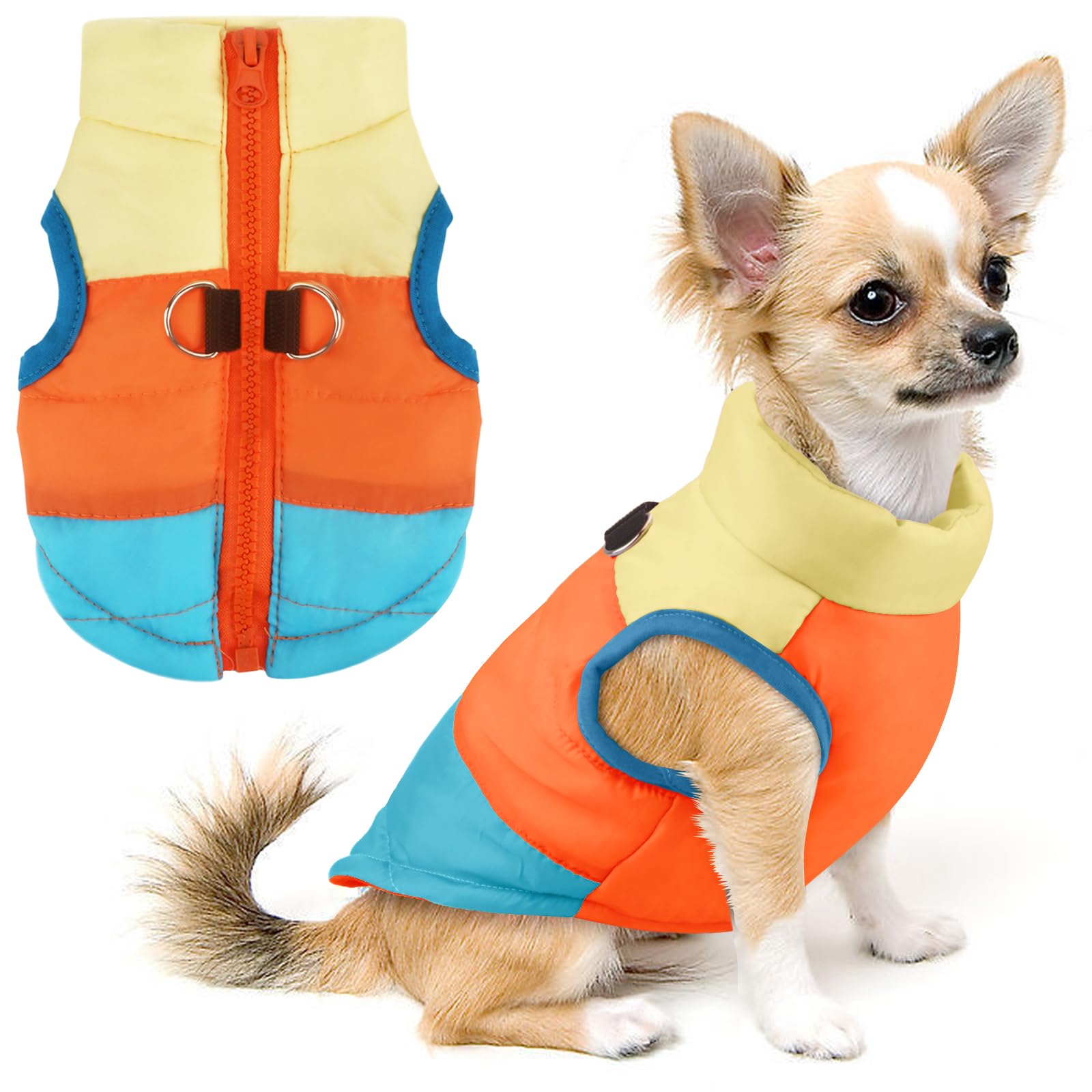 Idepet Pet Dog Cat Coat With Leash Anchor Color Patchwork Padded Puppy Vest Jacket Teddy Chihuahua Costumes Pug Cloth Xs S M L (X-Large, Sky Blue)