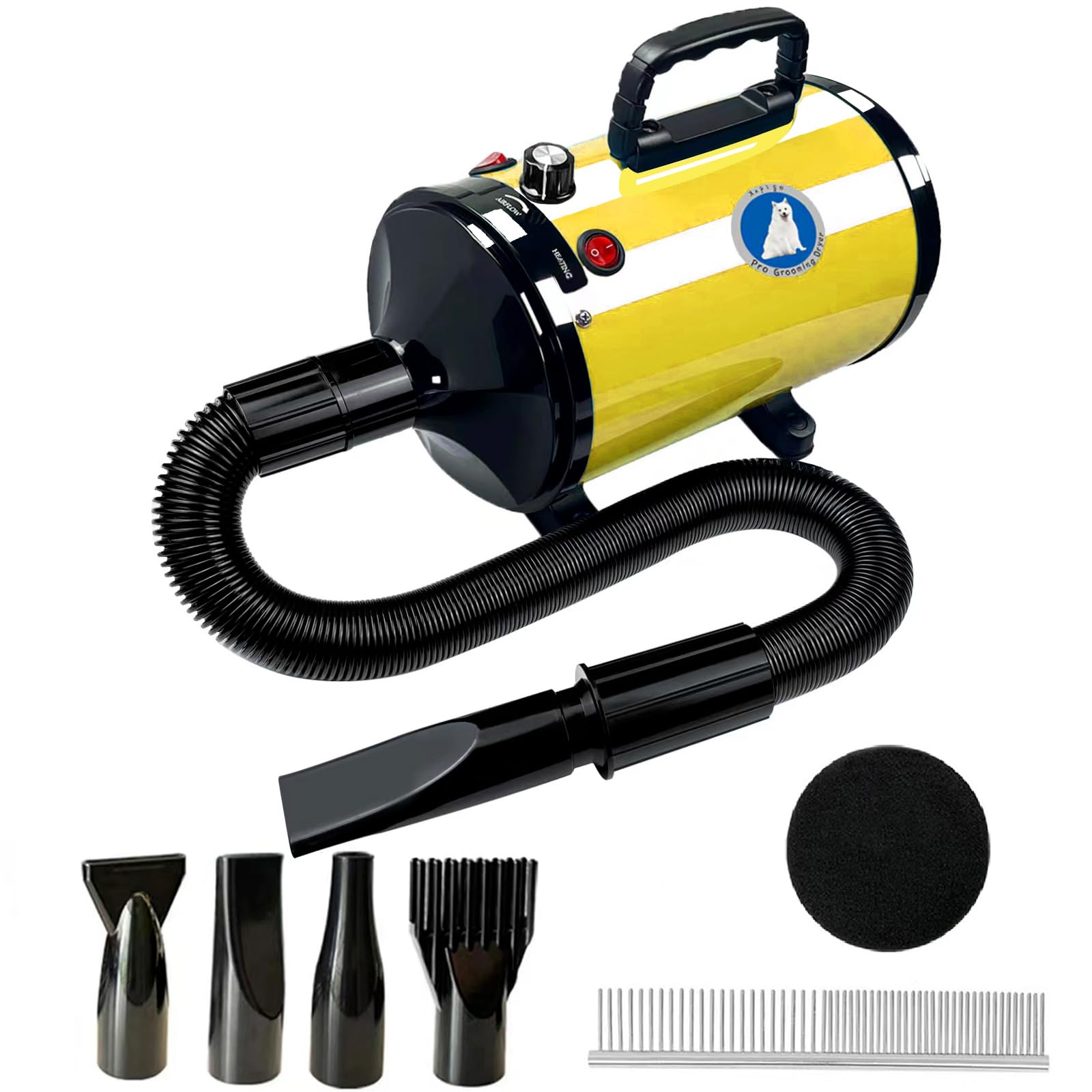 Dog Dryer, Dog Hair Dryer Blower Dog Blow Dryer And Temperature Control Pet Blower Dryer With 4 Different Nozzles. (Yellow)