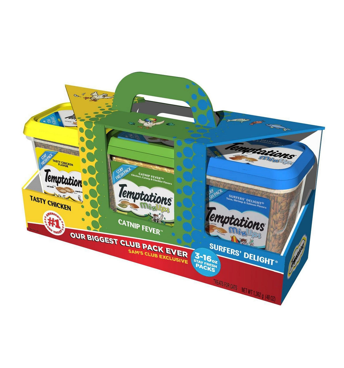 Temptations Temptations Cat Treat Tasty Chicken Flavor,Catnip Fever,Surfers Delight Flavors,Variety Pack 3 X 16 Ounce Total Net Wt 48 Ounce , 48 Ounce