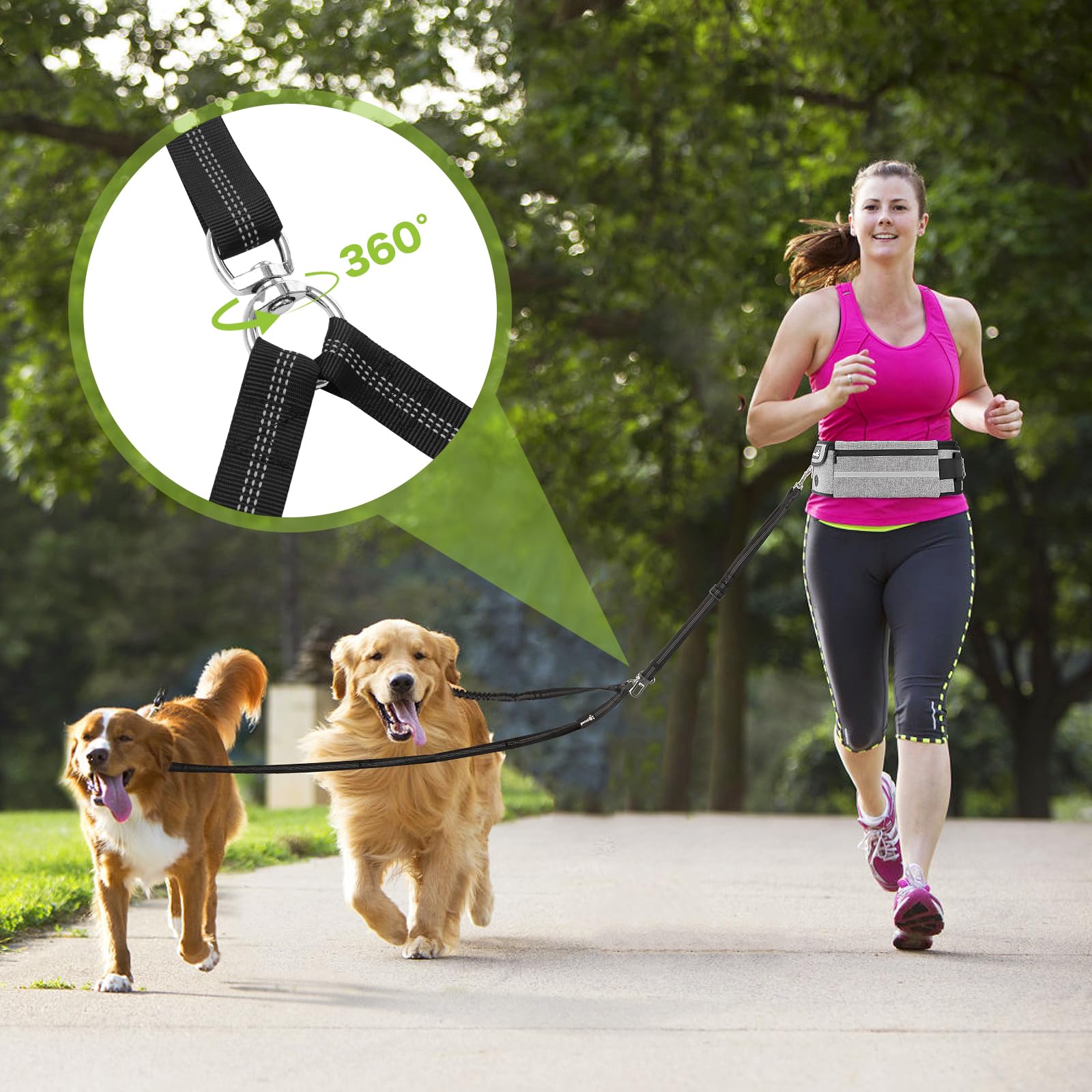 Pecute Hands Free 2 Dogs Waist Belt Fanny Pack With Soft Padded, Dual Dog Leash With Pouch, 3 Padded Handles, Durable Bungee, Do