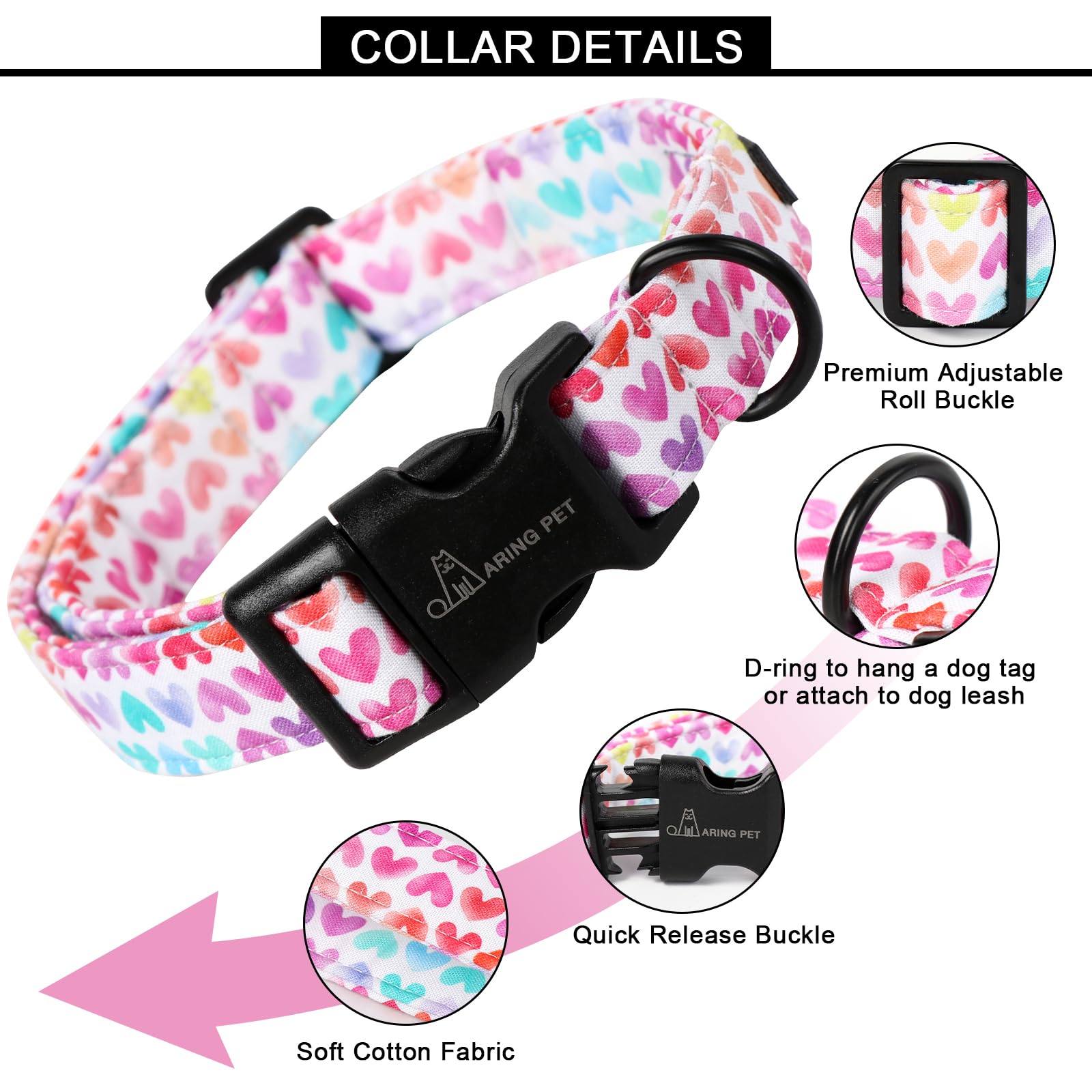 Aring Pet Valentine'S Day Dog Collar-Cute Cotton Heart Dog Collars, Adjustable Valentine Heart Pet Collars Girl Puppy Collar Wit