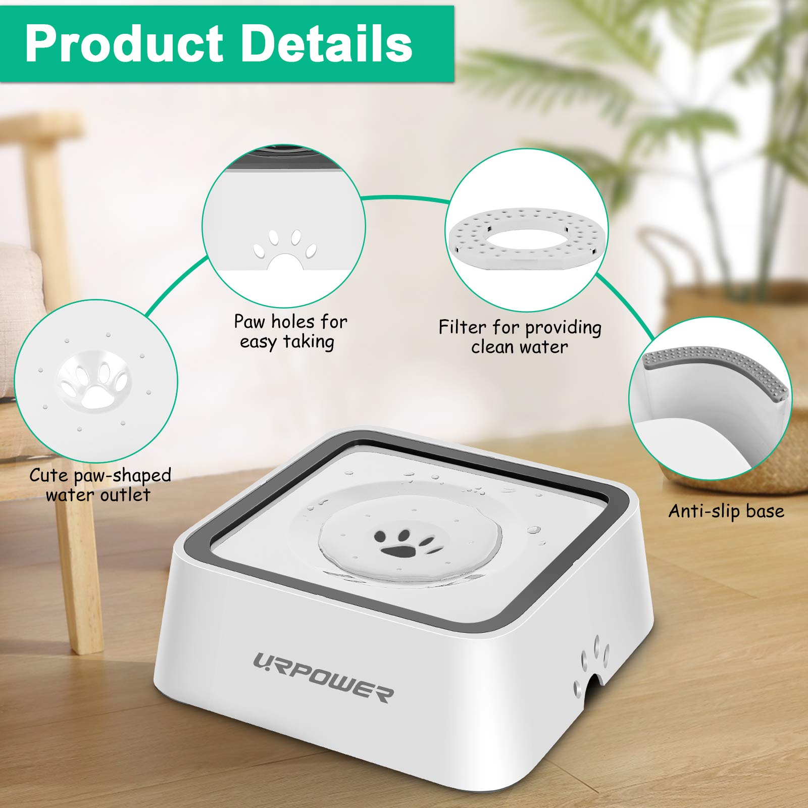 Urpower 2.5L Dog Water Bowl 85Oz Large Capacity Dog Bowls No Spill Pet Water Dispenser For Messy Drinkers Splash Proof Slow Feed