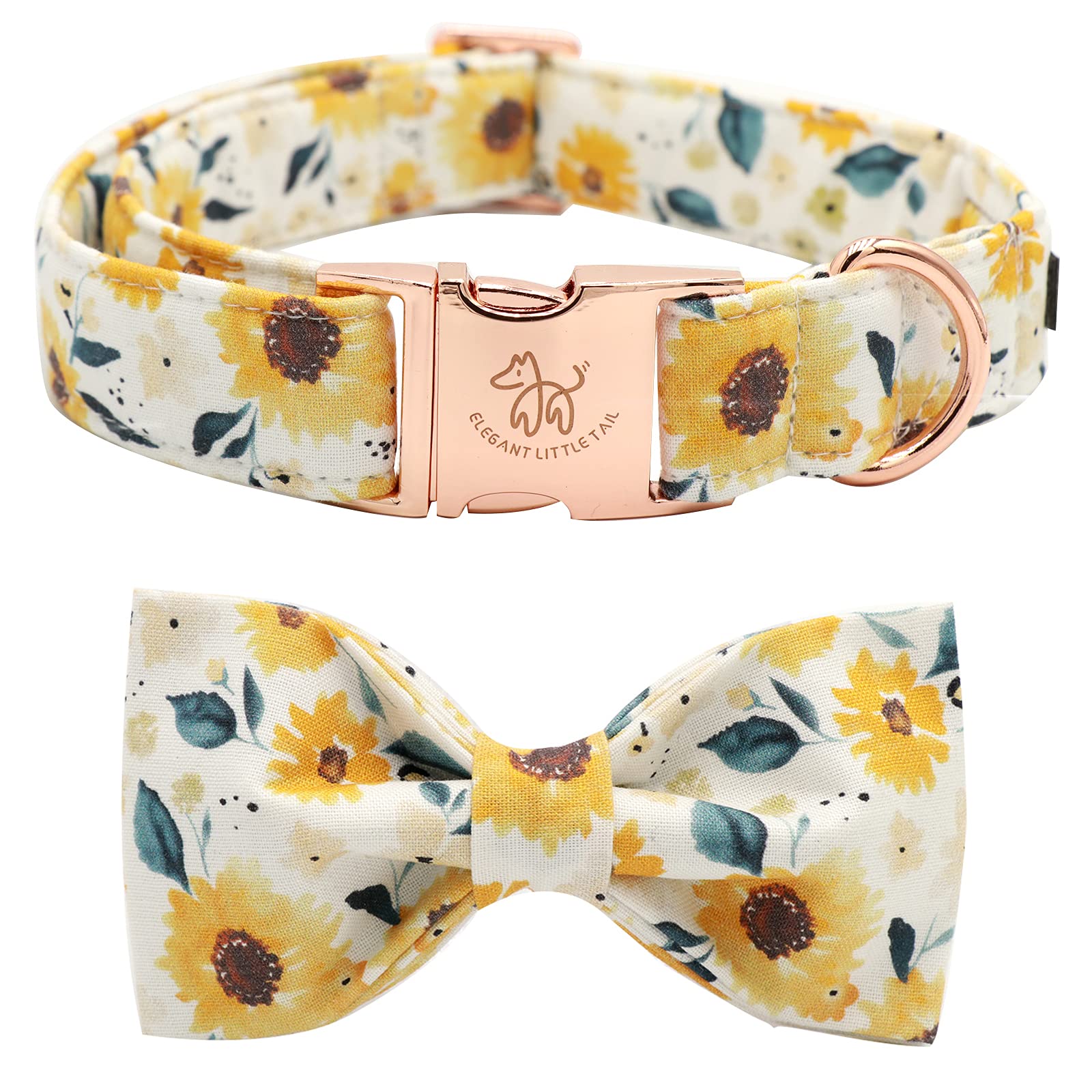 Elegant Little Tail Sunflower Print Dog Collar, Girl Dog Collar With Bow Adjustable Soft Bow Tie Dog Collars For X-Large Dogs