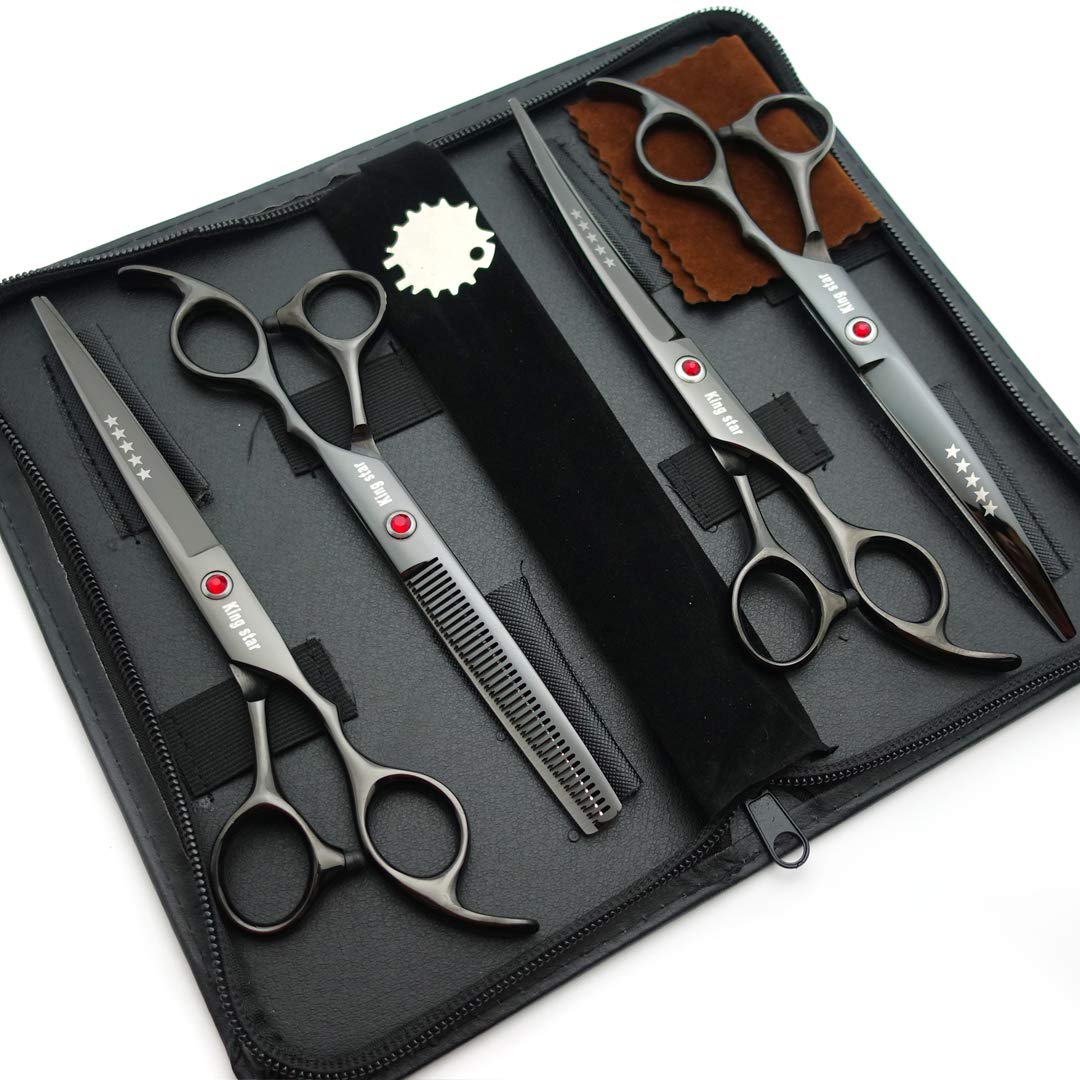 7.0In Titanium Black Professional Pet Grooming Scissors Set,Straight & Thinning & Curved Scissors 4Pcs Set For Dog Grooming,(Black)