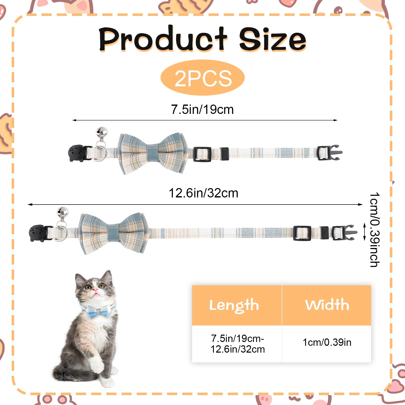 Jeffdad 2Pcs Cat Collar Breakaway, Cat Collar With Bells Bowtie Plaid Cat Collar Adjustable For Kitten Puppy And Small Pets (Blu