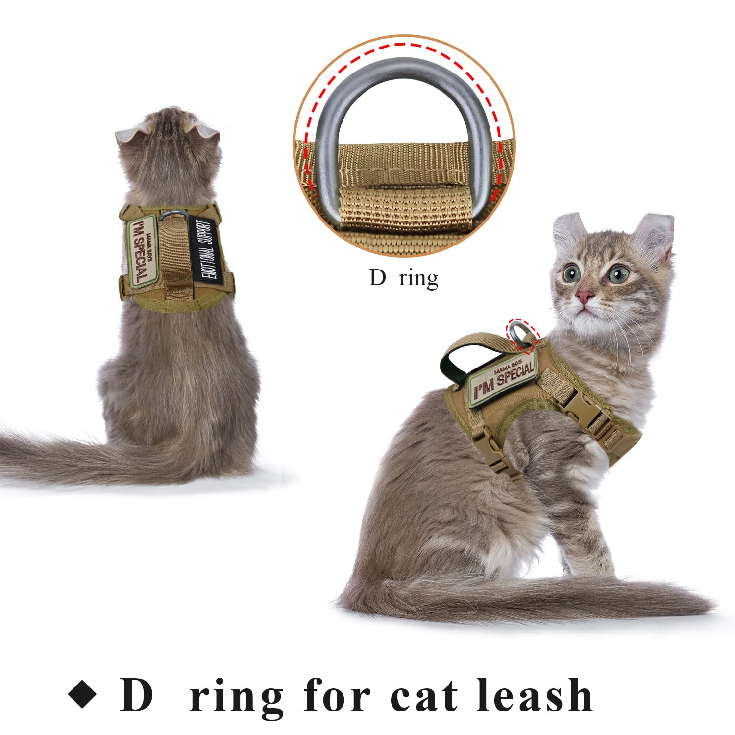 Tactical Cat Harness For Walking Escape Proof, Soft Mesh Adjustable Pet Vest Harness For Large Cat,Small Dog (Medium, Khaki)