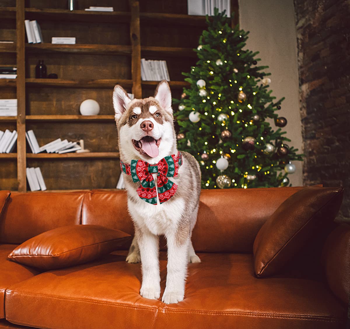 Dogwong Christmas Dog Collar With Sailor Bow Tie, Red Green Strip Snowflake Dog Collar Soft Durable Adjustable Cotton Puppy Coll