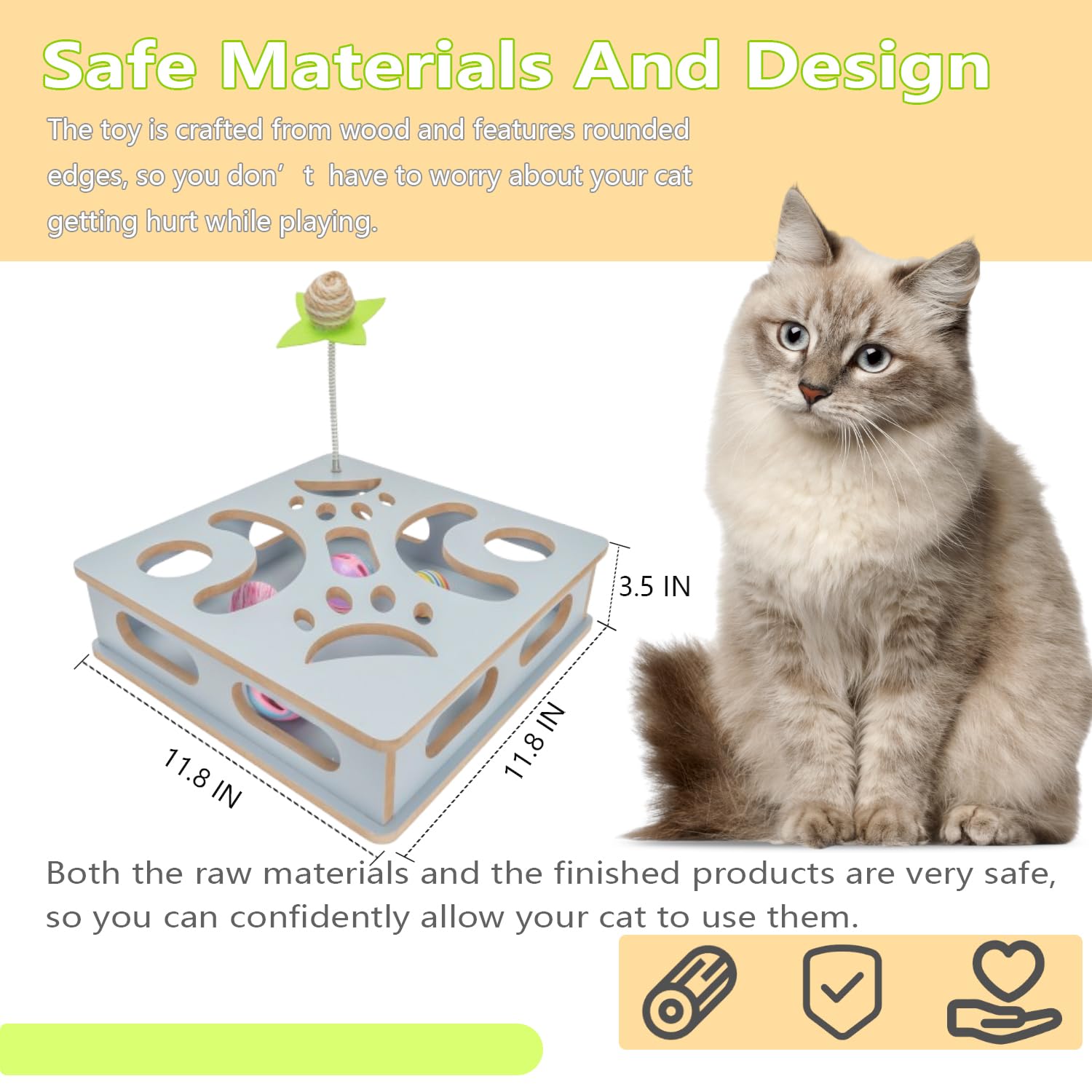 MUCAOL Interactive Wooden Cat Puzzle Toy Box Indoor Hunting Play Toy to Stimulate Your Cats Energy and Instincts (Blue)