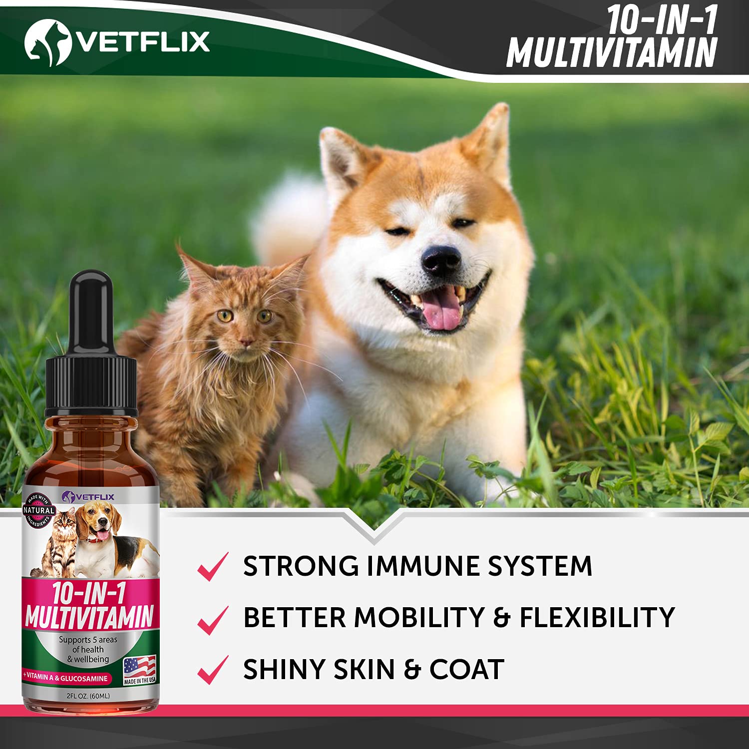 Pet Vitamins 10 in 1 - Made in USA - Glucosamine for Dogs & Cats - Dog Supplement for Pet Joint Health - Natural Cat, Dog Multiv