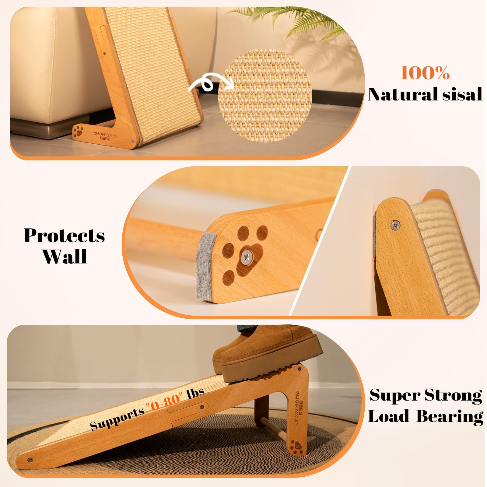 Cheerhome Pets Sisal Cat Scratcher Ramp For Indoor Cats, 24.8'' L Shape Scratching Post Climbing Vertical Cat Scratch Pad, Solid
