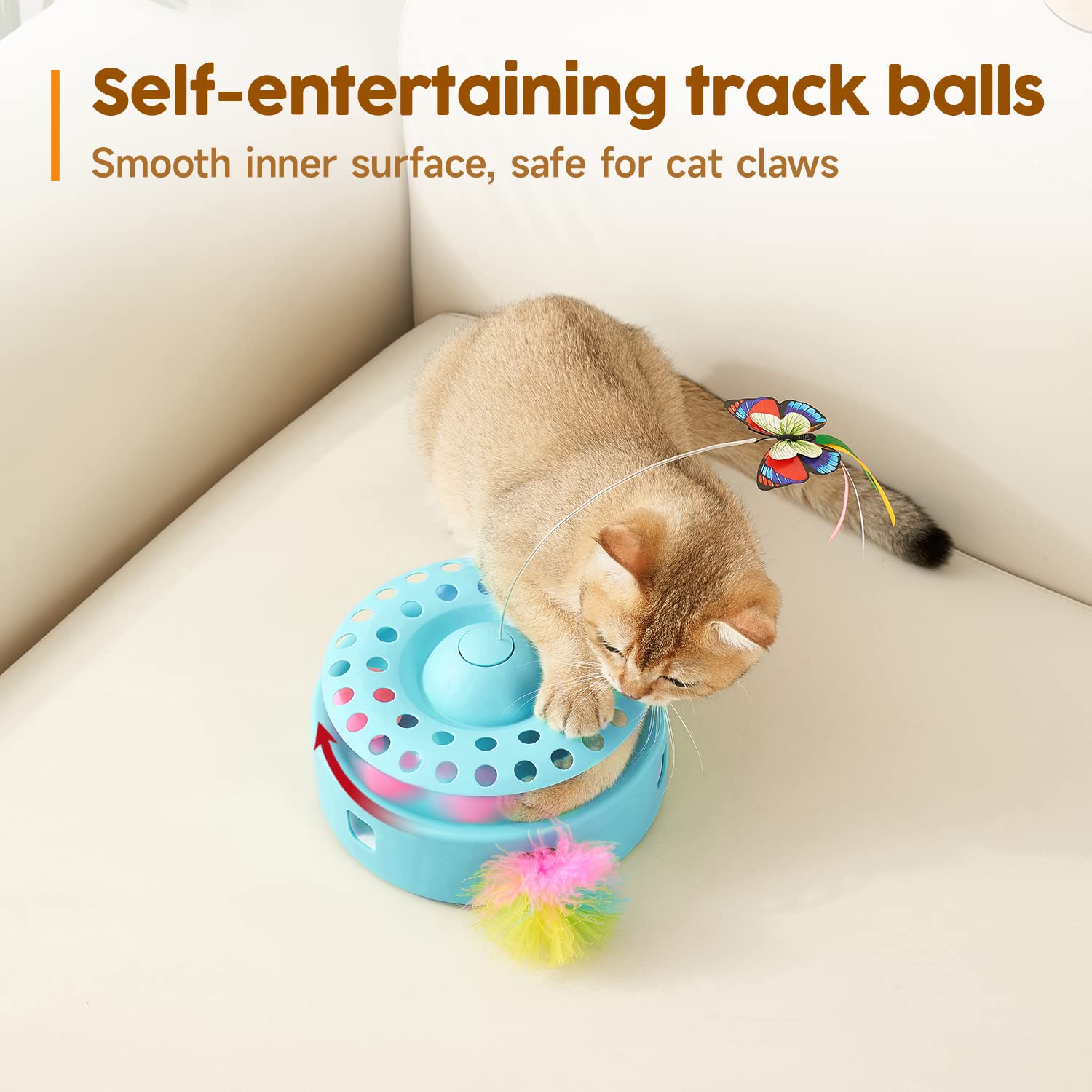 Potaroma Cat Toys 3-In-1 Automatic Interactive Kitten Toy, Fluttering Butterfly, Random Moving Ambush Feather, Track Balls, Dual