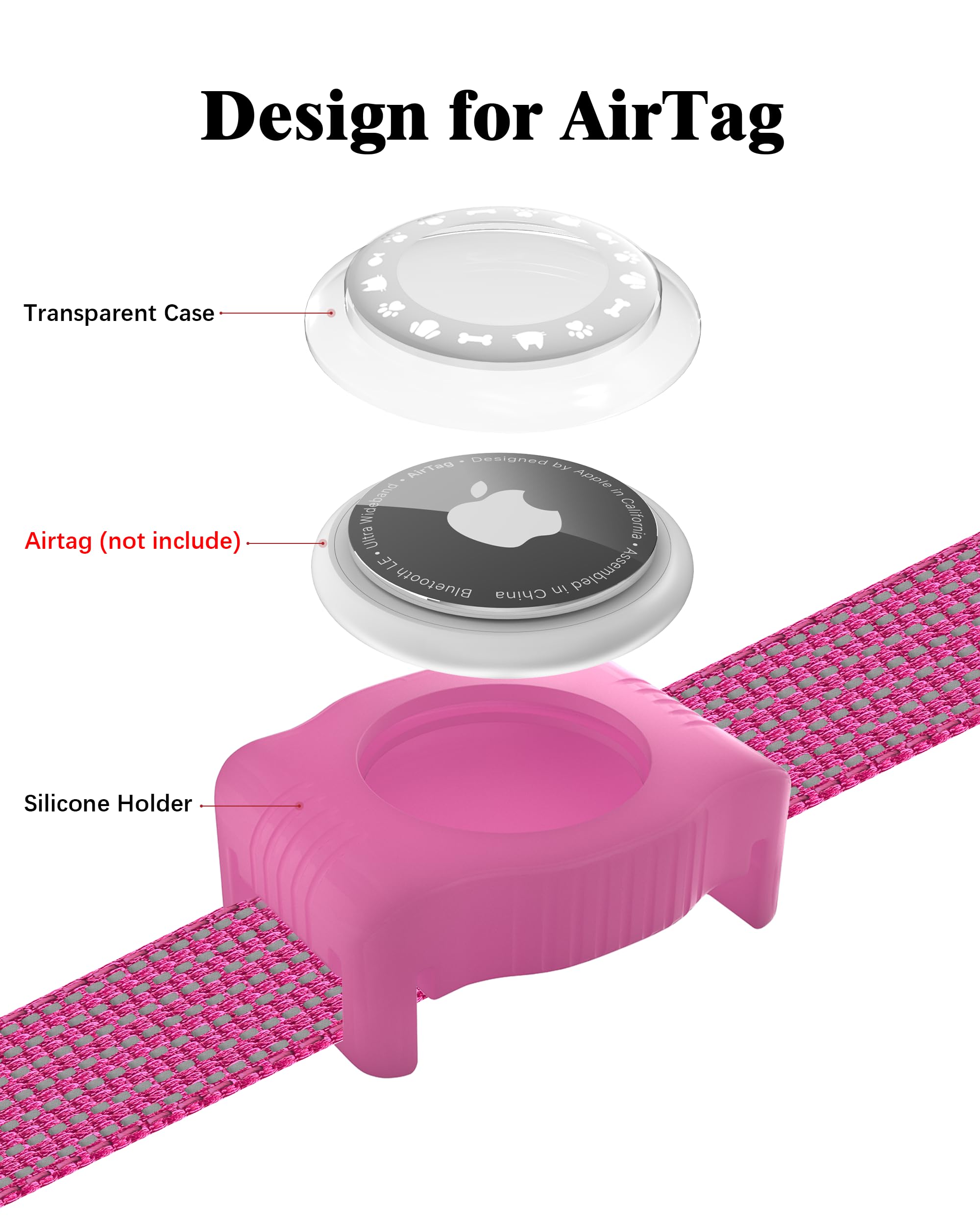 Whoseid Reflective Dog Collar With Airtag Holder,Adjustable Dog Collar With Neoprene Padded & Anti-Lost Qr Code Buckle (Rose, La