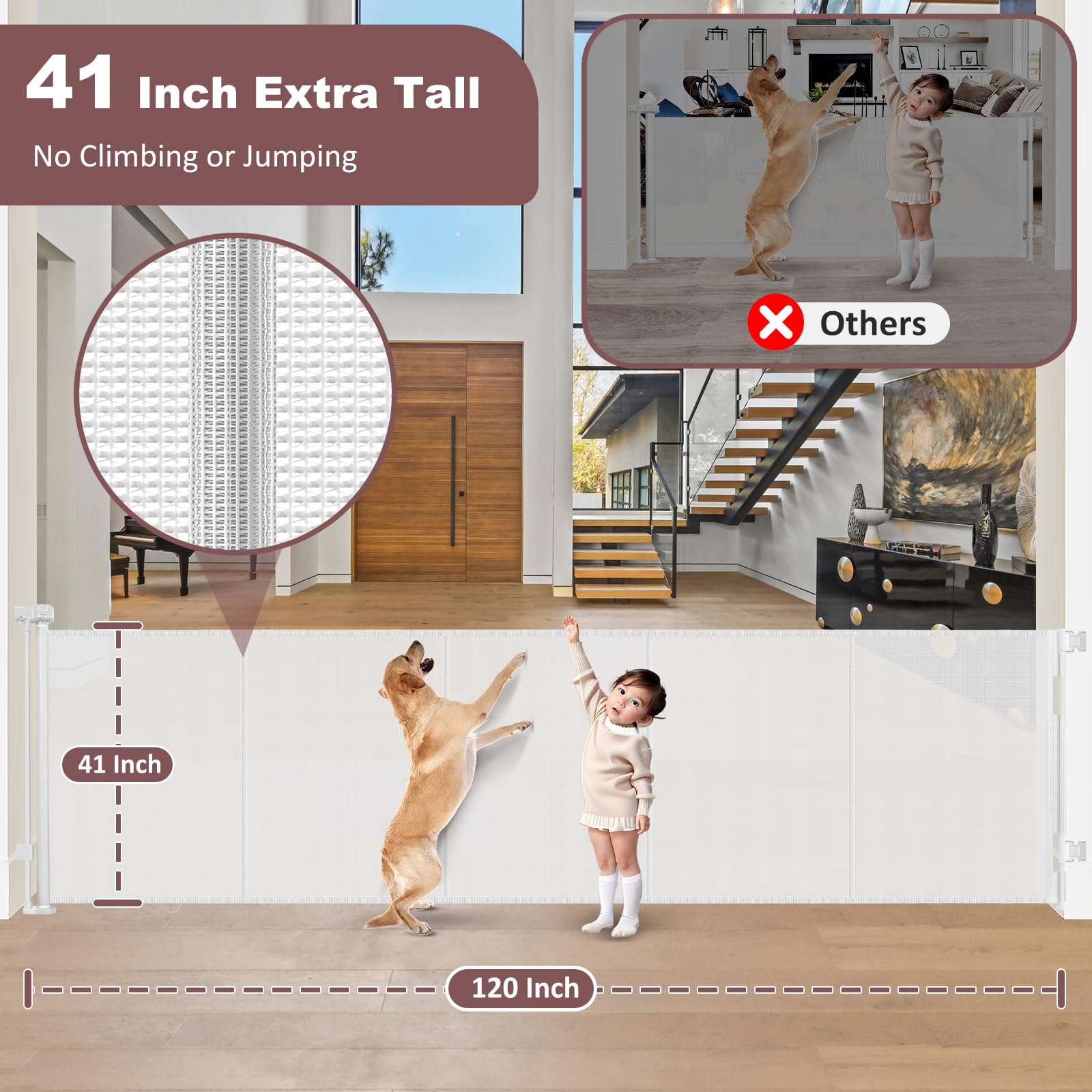 Reinforced 41'' Extra Tall Retractable Baby Gates Extra Wide 120'' Retractable Dog Gate with Support Rods, Indoor Mesh Baby Gate