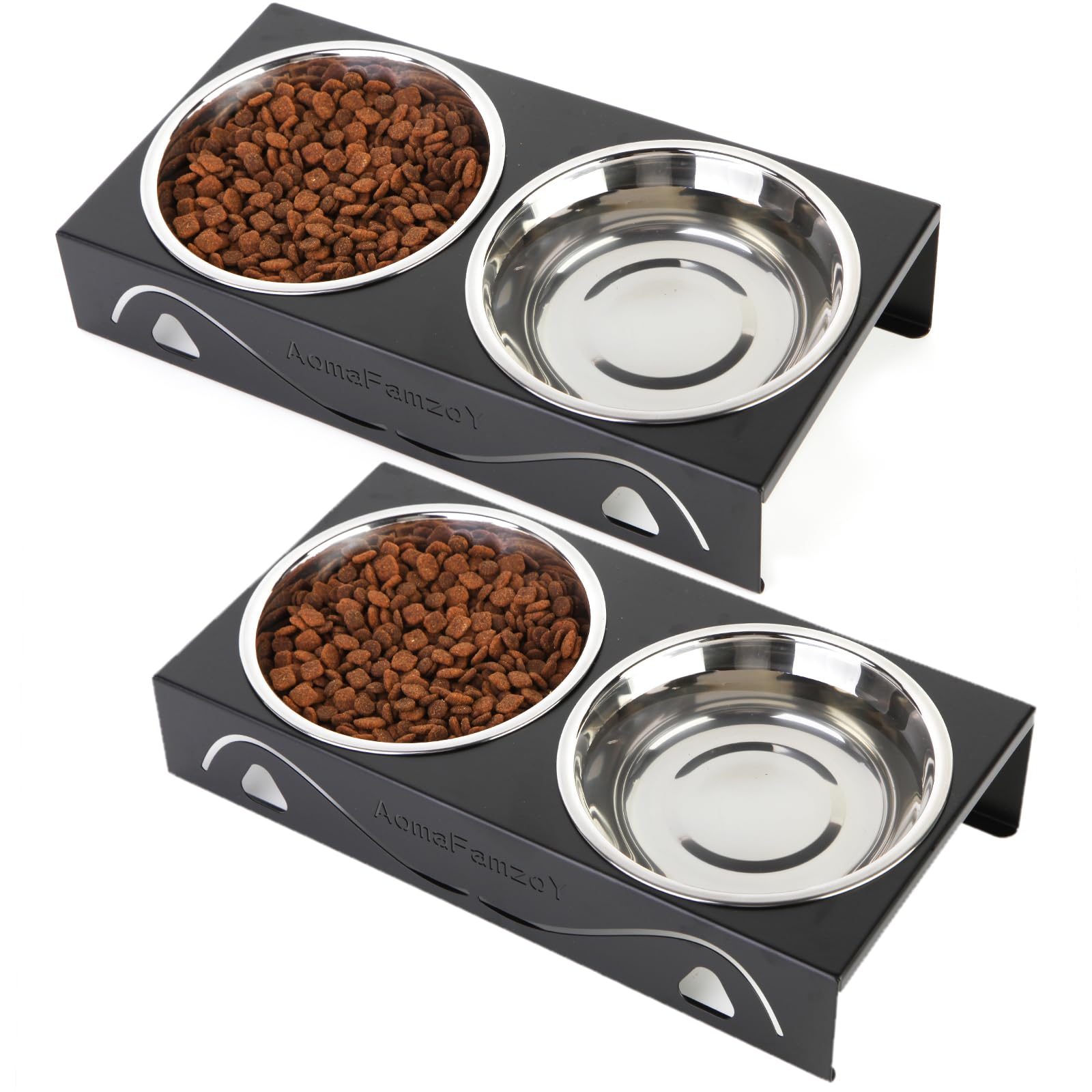 2 Pack Cat Food Bowls - Indoor Set with Metal Stand,5 Tilted Anti Vomiting Wide Raised Pet Dish,Cute Elevated Cat Feeding Statio