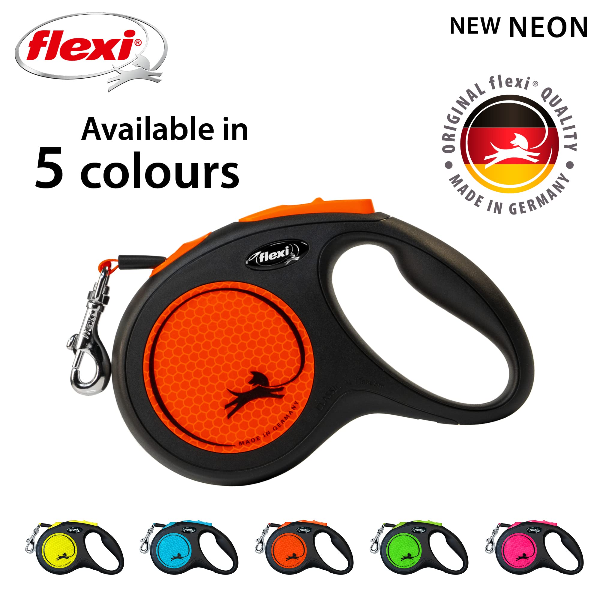 Flexi New Neon Tape Orange Medium 5M Retractable Dog Leash/Lead For Dogs Up To 25Kgs/55Lbs