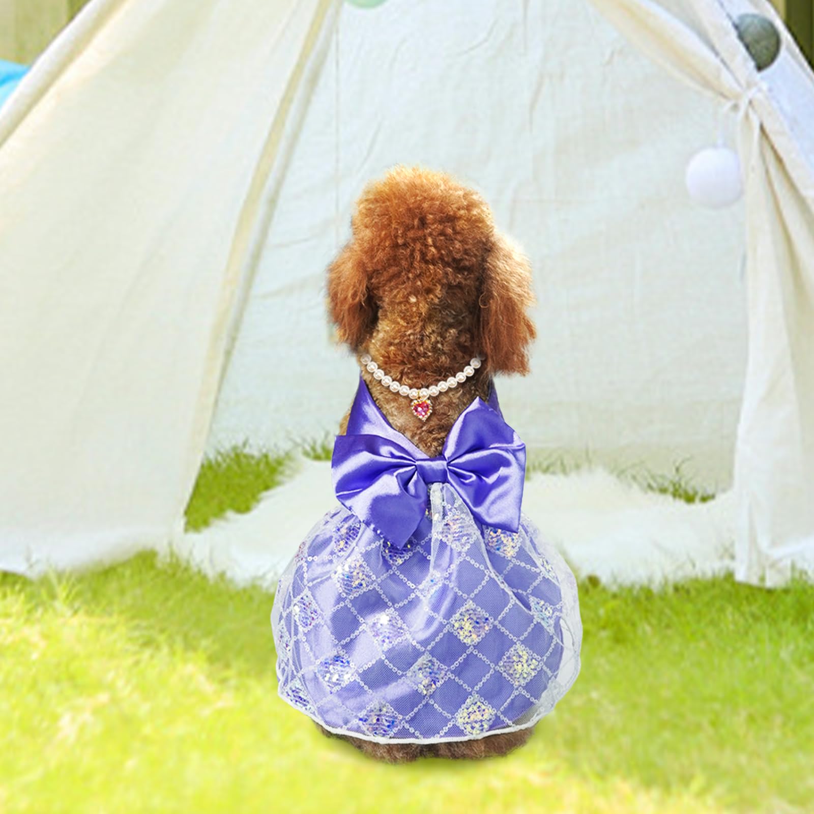 Topkins Dog Dress, Pet Birthay Clothes With Purple Heart Pearl Necklace, Dog Silk Outfit With Sequin, Puppy Princess Dress, Purp