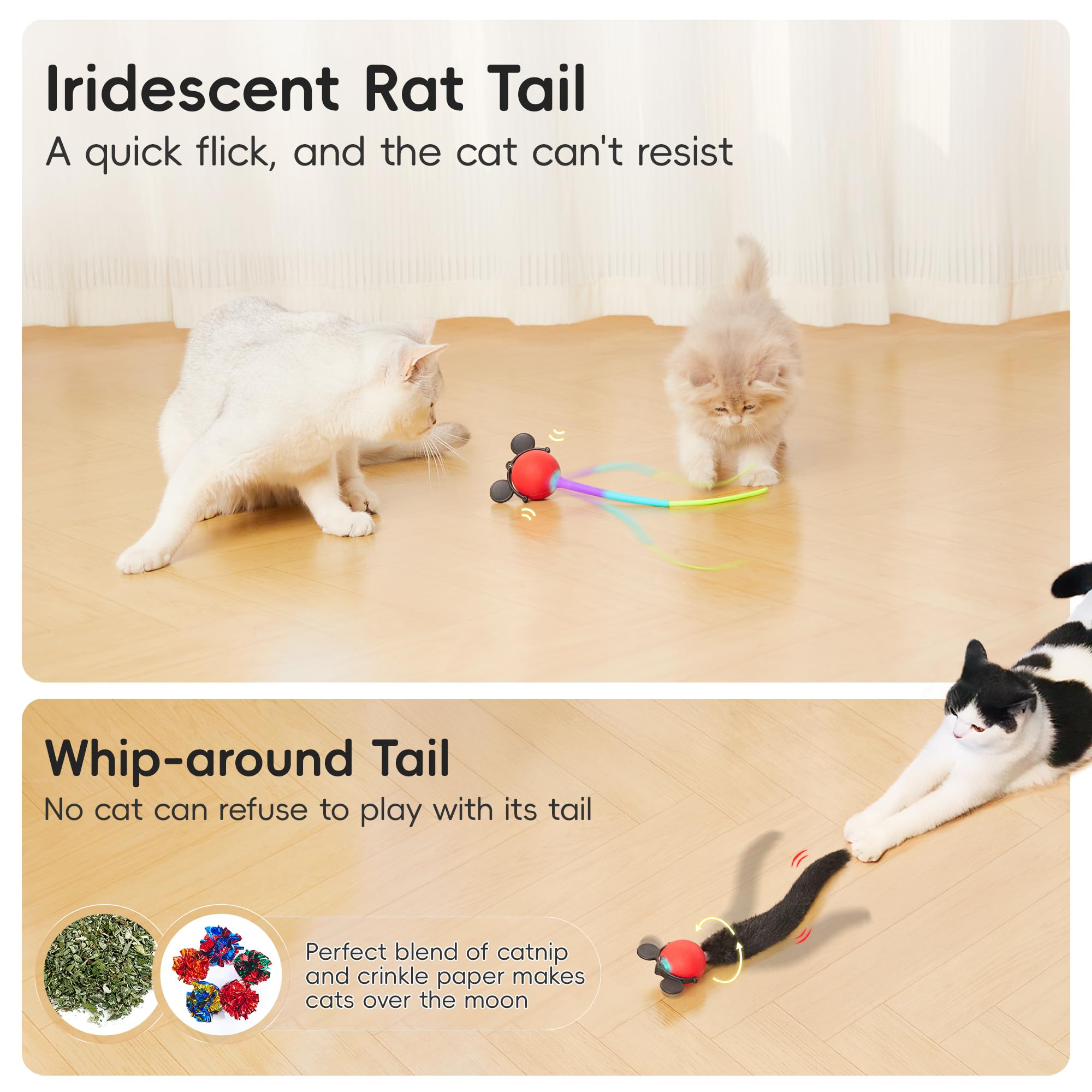 Potaroma Interactive Moving Ball Cat Toys With Fluffy Tail, Chargeable Kitten Toy For Indoor Kitten Exercise, Smart Interactive