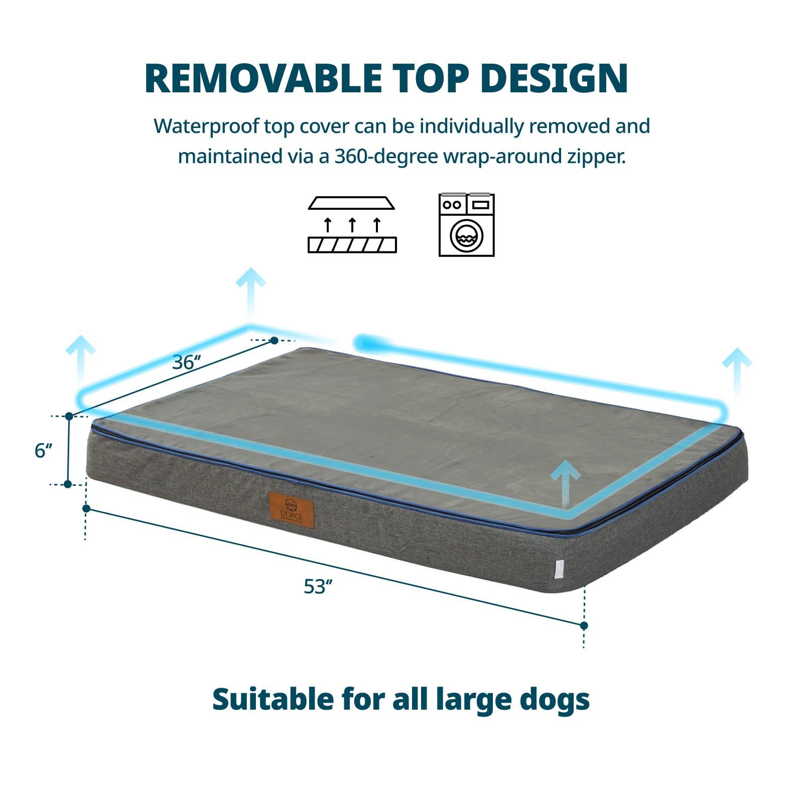 LIORCE Orthopedic Memory Foam Dog Bed - 53" x 36" x 6", Waterproof Washable Cover, Dark Grey