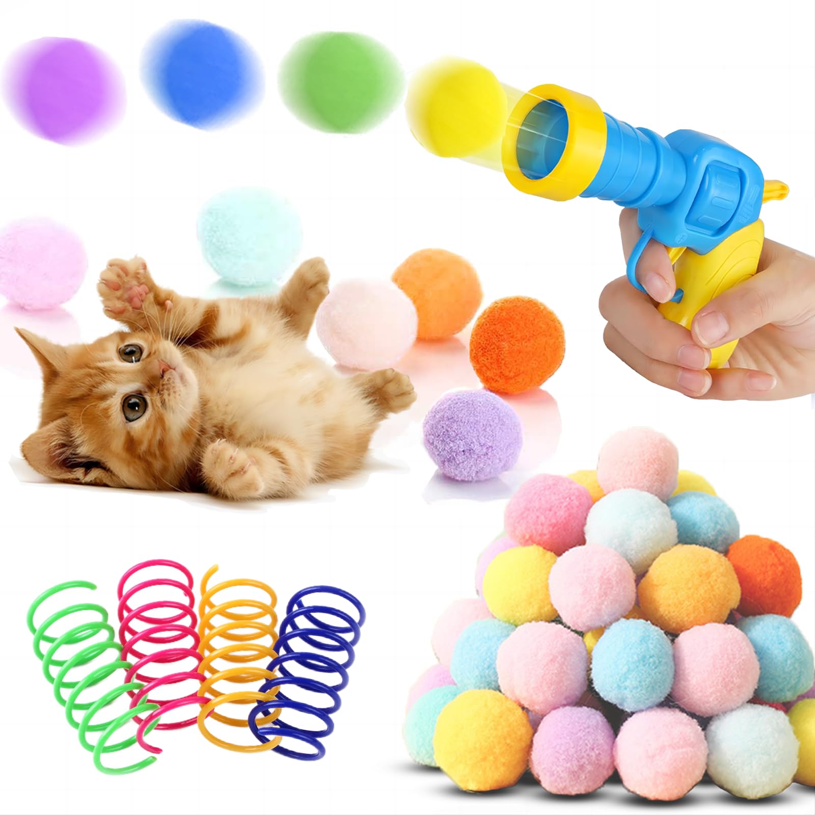 Baikevin Low Noise Interactive Cat Ball Launcher Gun, 1 Noise-Reduced Launcher (New Upgraded), 20 Pcs Colorful Silent Plush Pom 