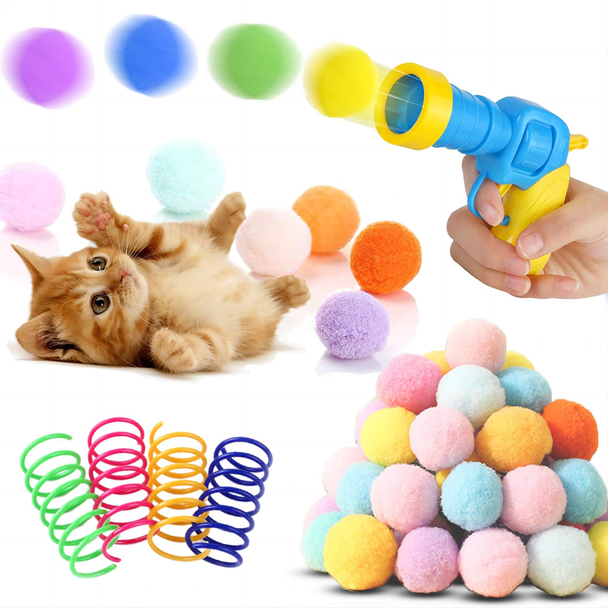 Baikevin Low Noise Interactive Cat Ball Launcher Gun, 1 Noise-Reduced Launcher (New Upgraded), 20 Pcs Colorful Silent Plush Pom 