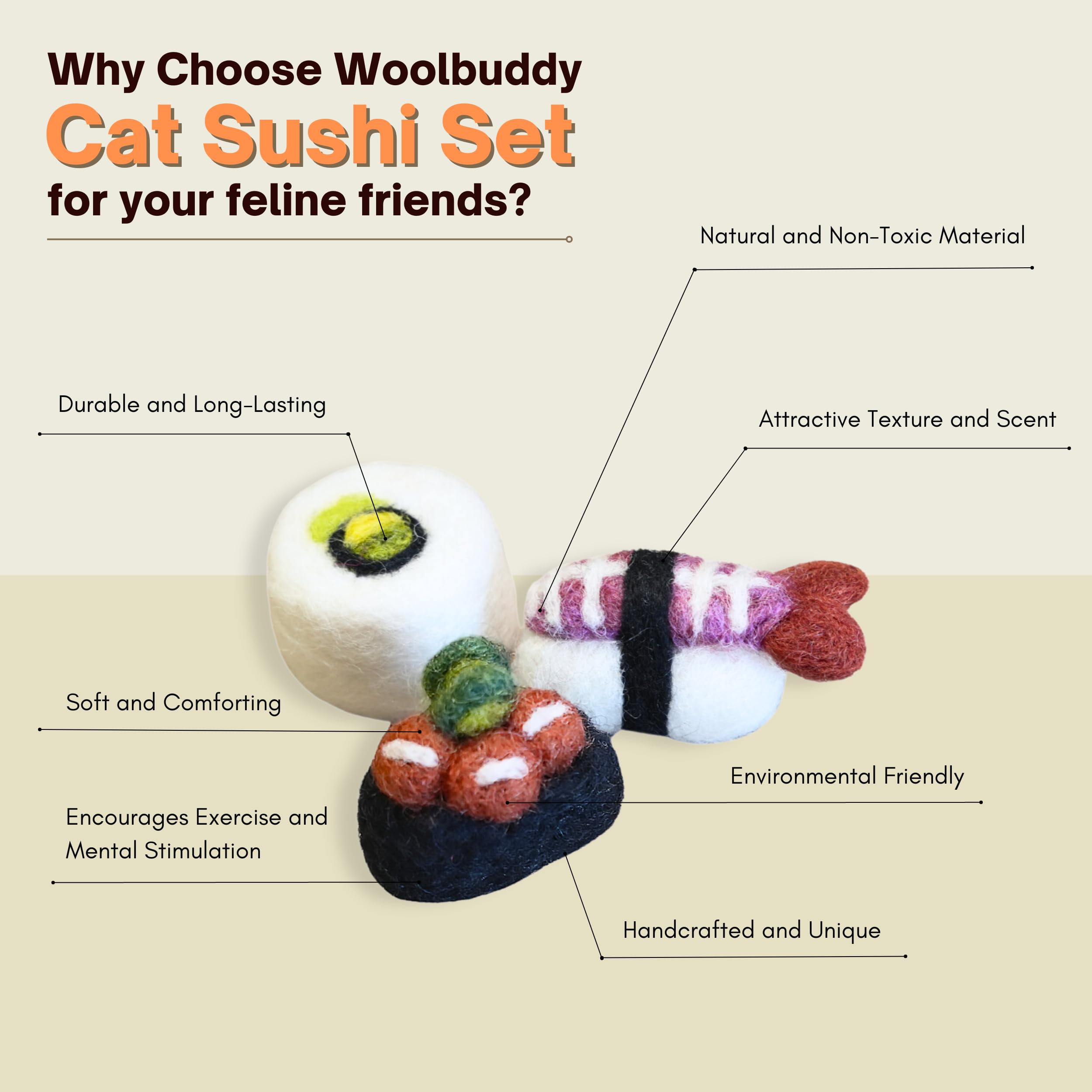 Woolbuddy Cat Toy - Cat Sushi Toy, 8Pcs, Wool Cat Toy For Boredom & Stimulating, Cute Interactive Cat Toys For Indoor Cats, Self Play Cat Kitten Toys, Cat Chew Toy, Cat Enrichment Without Catnip