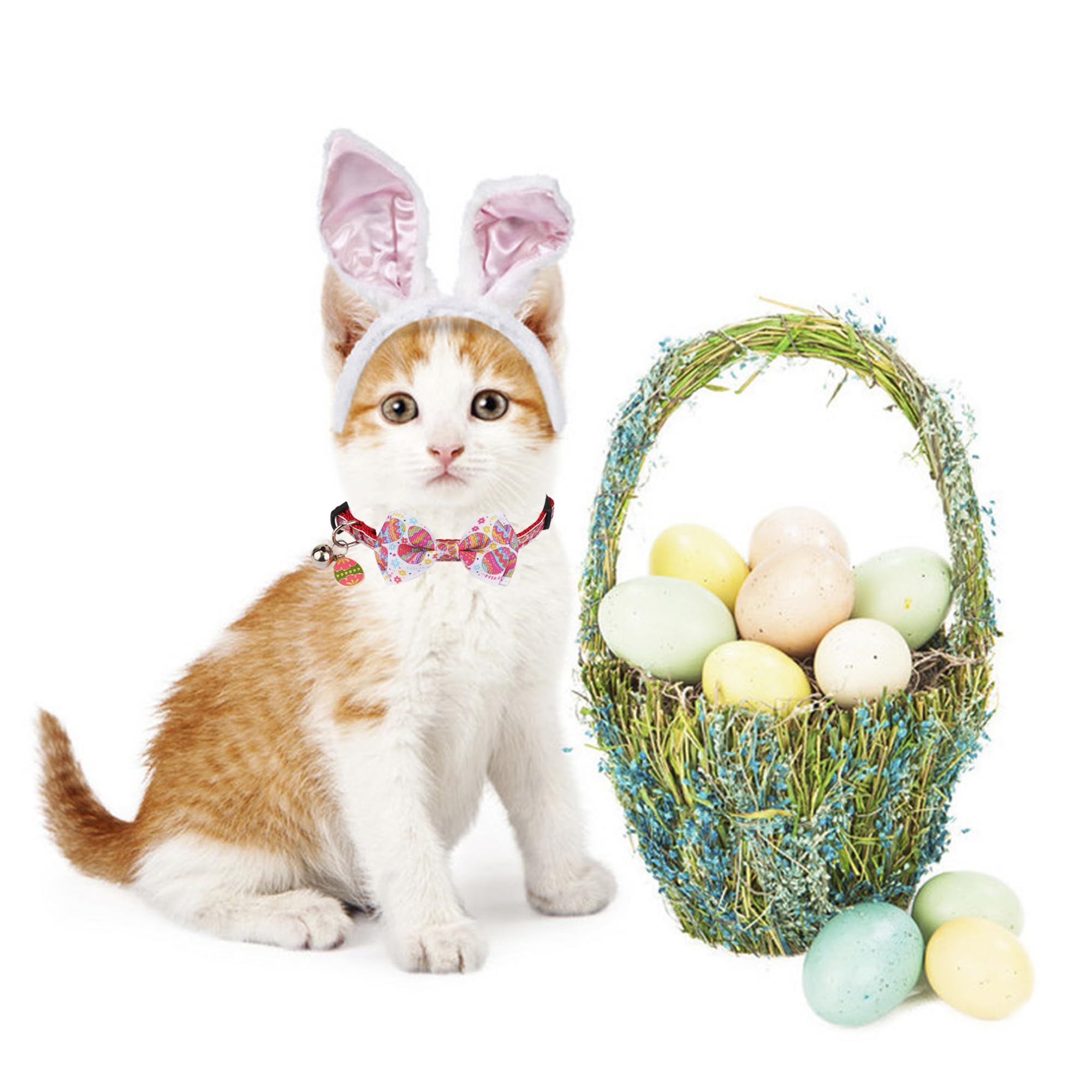 Adoggygo Easter Cat Collars With Bow Bell, Breakaway Kitten Bowtie Collar Red Purple Eggs Rabbit Easter Collars For Girl Boy Cat
