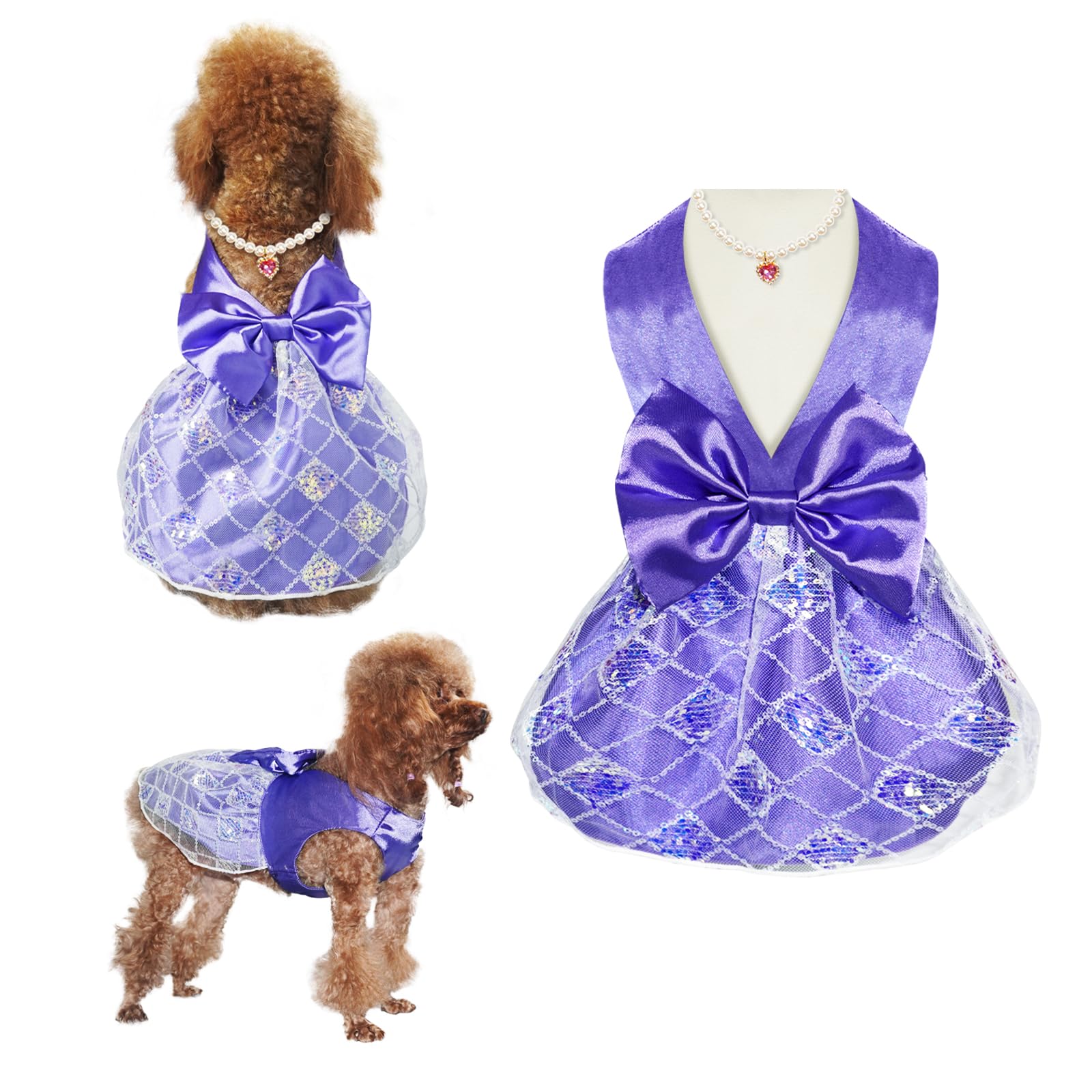 Topkins Dog Dress, Pet Birthay Clothes With Purple Heart Pearl Necklace, Dog Silk Outfit With Sequin, Puppy Princess Dress, Purp