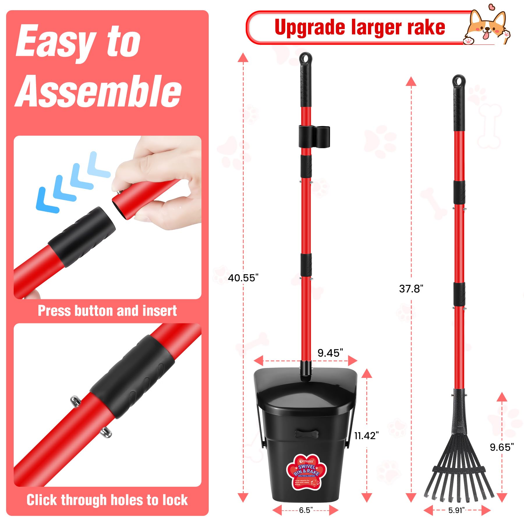 Ormalla Pooper Scooper Swivel Bin and Rake with 60 Waste Bags, Heavy Duty Dog Poop Scooper for Large Medium Small Dogs, Long Sta