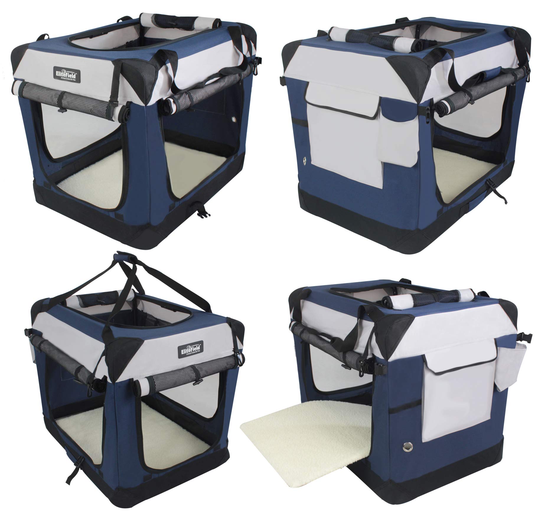 EliteField 4-Door Folding Dog Crate, Indoor & Outdoor, 20"x14"x14", Navy Blue+Gray, Includes Carrying Bag & Fleece Bed, Model SDC-402