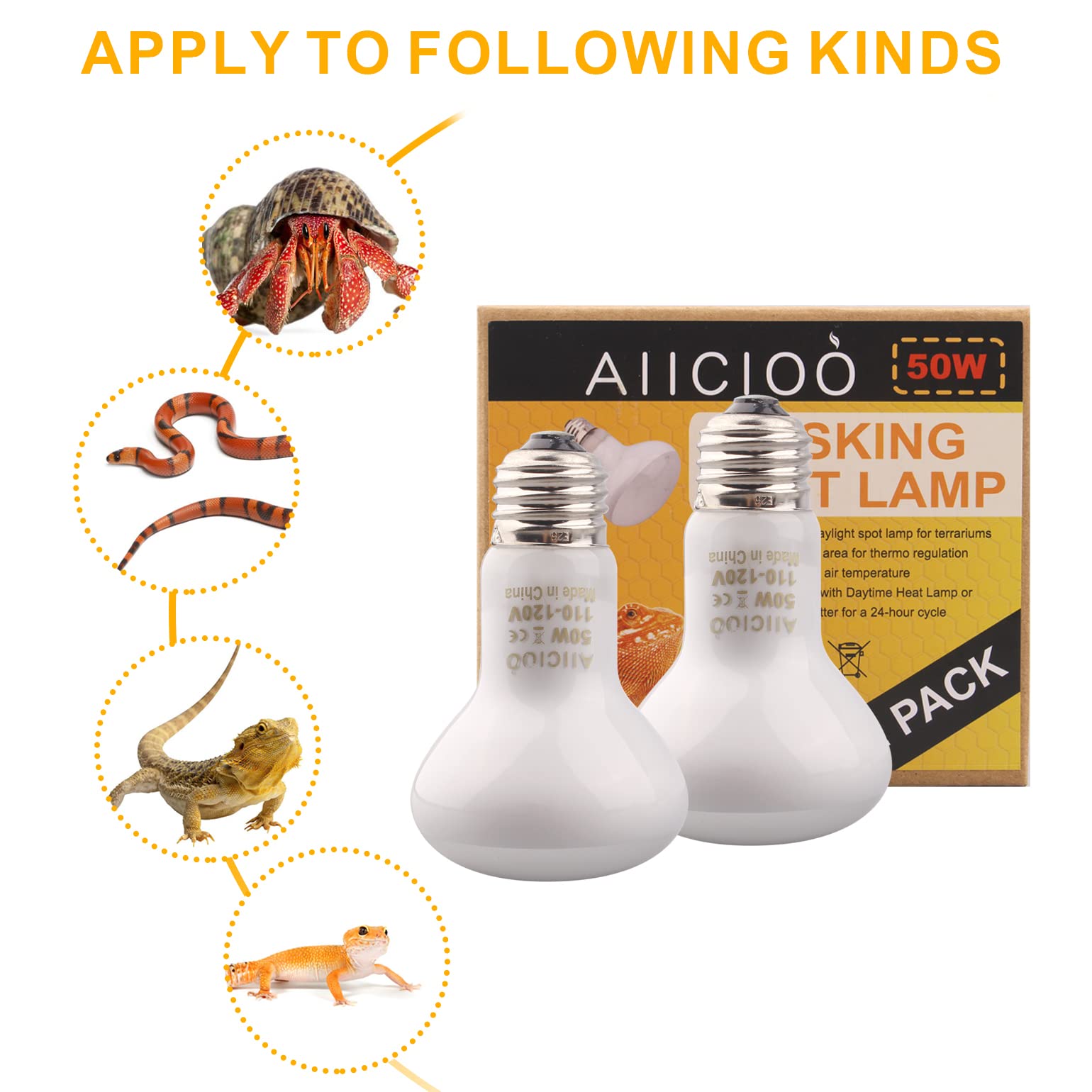 Aiicioo Reptile Basking Light Bulb - 50W Reptile Heat Lamp 2 Pack Uva Daylight Amphibians Basking Bulb For Bearded Dragon Turtle