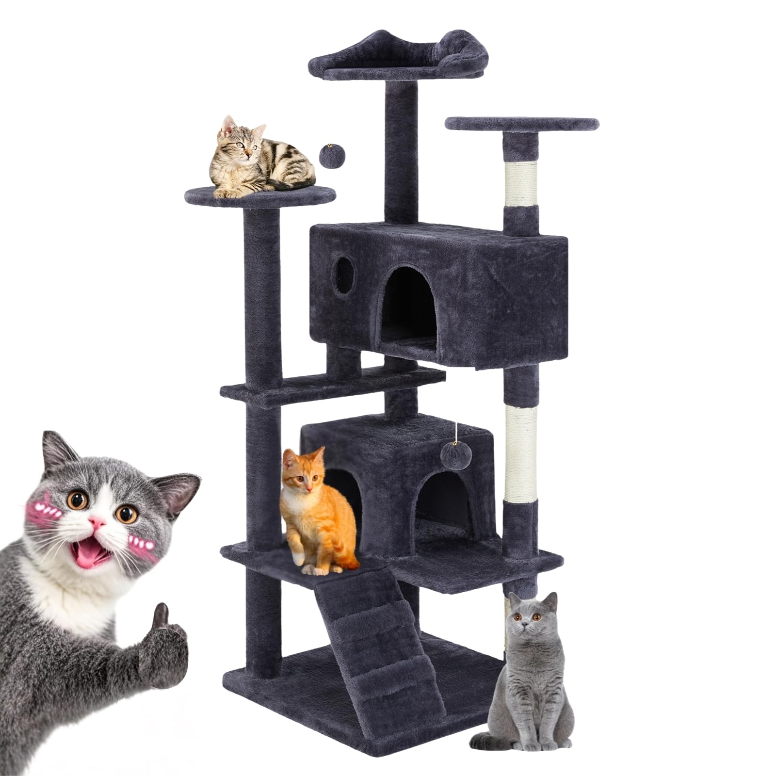 Fluffydream Cat Tree Tower For Indoor Cats, 54 Inches Multi-Level Activity Cat Tree With Sisal Scratching Posts Cat Play House C