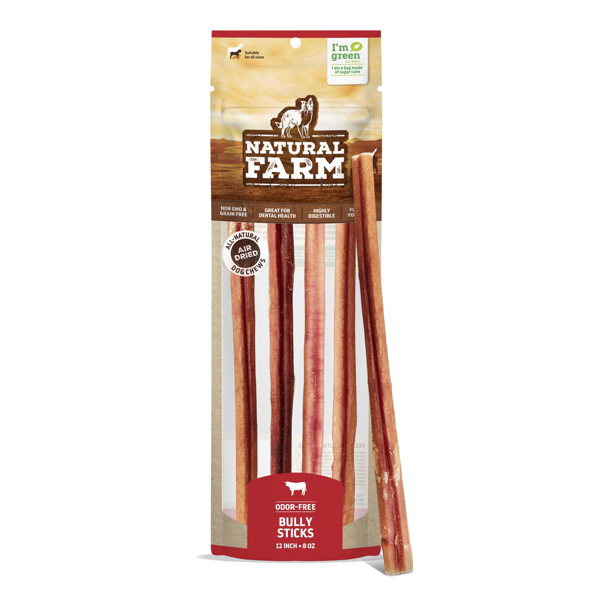 Natural Farm Odor-Free Bully Sticks (12   , 8oz) All-Natural Long-Lasting Chews, 100% Beef Pizzle, Grass-Fed, Grain-Free, Hormon