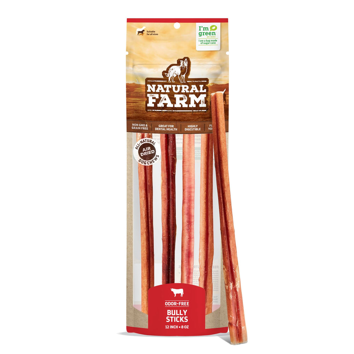 Natural Farm Odor-Free Bully Sticks (12”, 8Oz) All-Natural Long-Lasting Chews, 100% Beef Pizzle, Grass-Fed, Grain-Free, Hormone-Free, Protein For Muscle Development & Energy, Perfect For Large Dogs