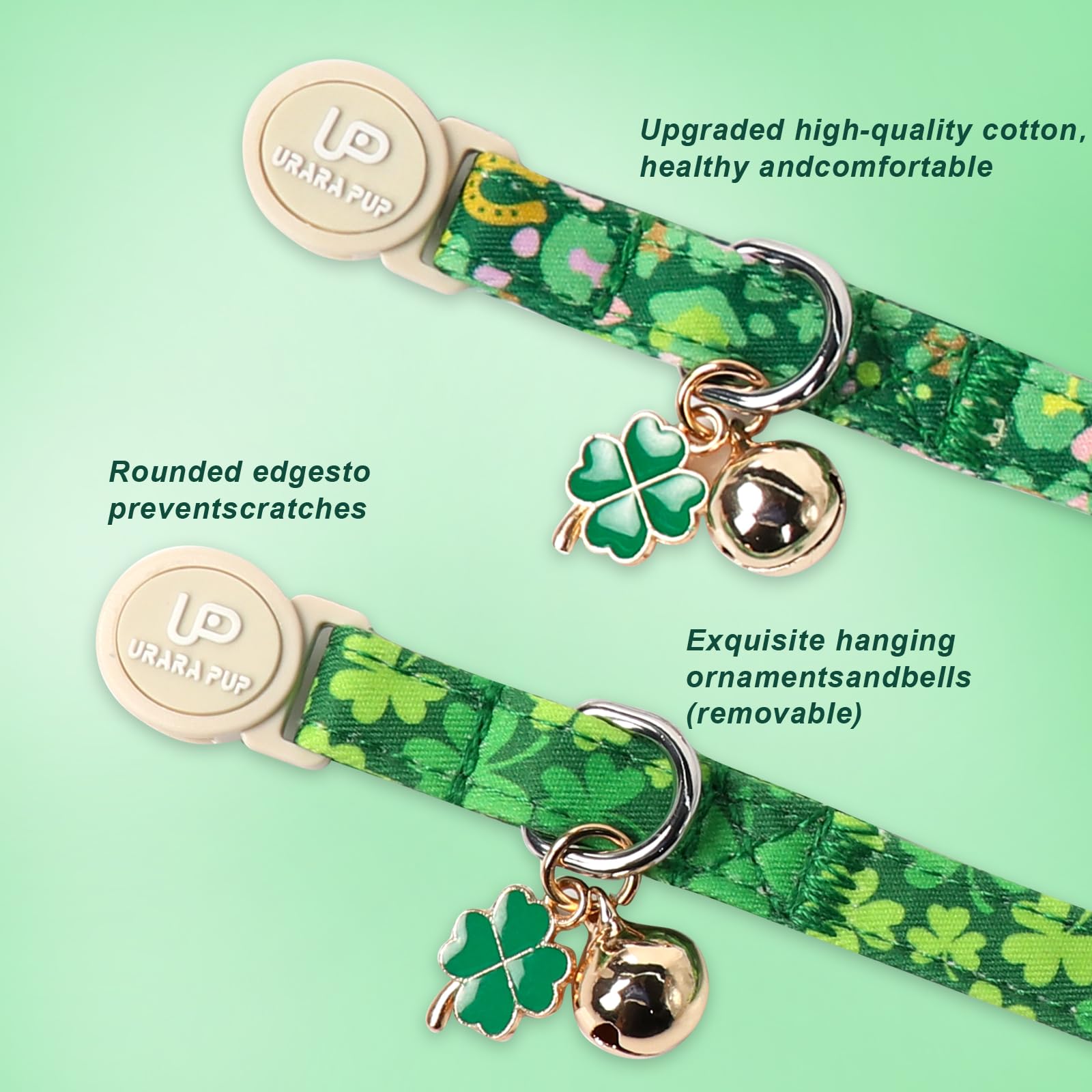 Up Urara Pup Cat Collar,2Pack St.Patrick'S Day Kitten Collars Cute Shamrock Breakaway Kitty Collars,Spring Green Trefoil Cat Col
