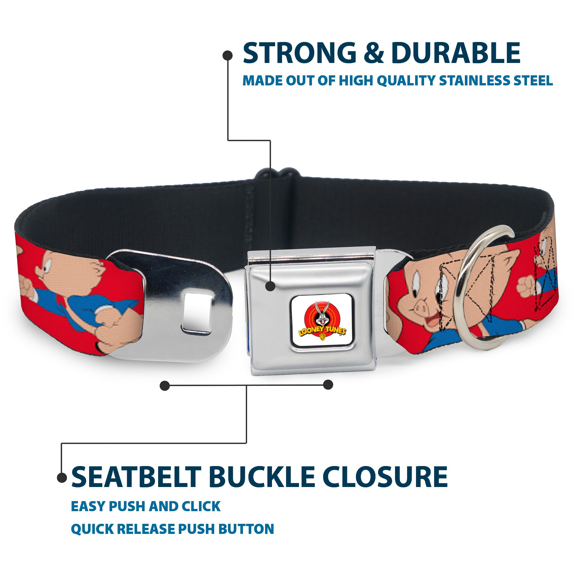 Dog Collar Seatbelt Buckle Porky Pig Expressions Red 13 To 18 Inches 1.5 Inch Wide