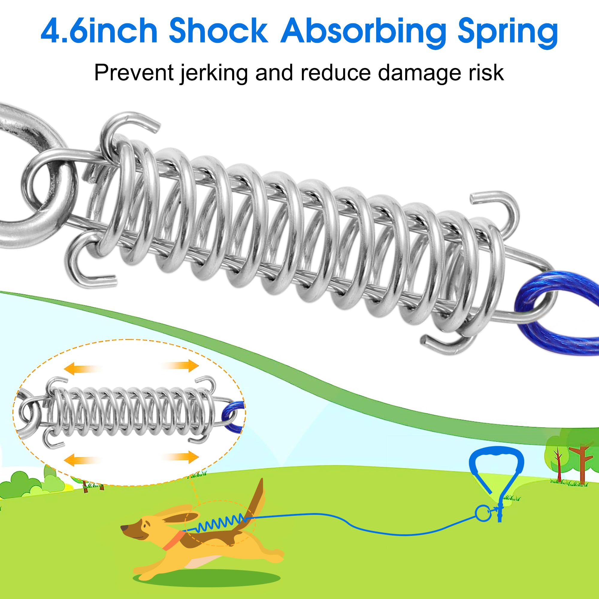 Dog Tie Out Cable And Stake,50Ft Outside Dog Run Cable Leash&Chain With Shock Spring For Camping And Yard, 16'' Heavy Duty Anti