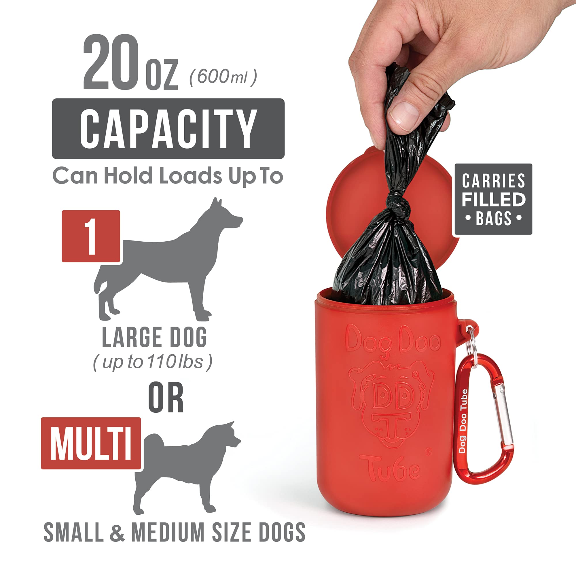 Dog Doo Tube Reusable Dog Poop Holder For Dog Walkers - Carries Used Dog Poop Bags - Tight Fitting Lid Keeps In Odors - Dog Waste Carrier - Attachable To Dog Leash, Harness Or Waist (Medium, Red)