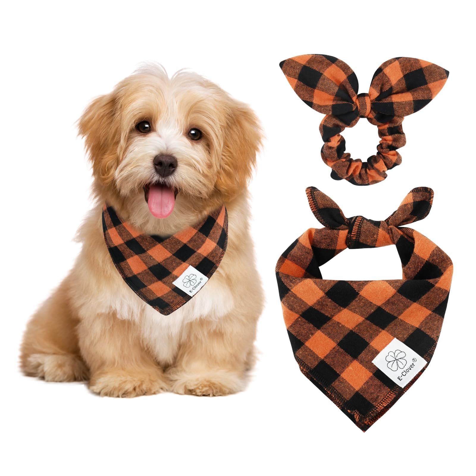E-Clover Dog Bandana & Matching Scrunchie-Orange Black Dog Bandanas Plaid Pet Scarf Bib For Small Dogs Puppy Girl Boy Owner Gift