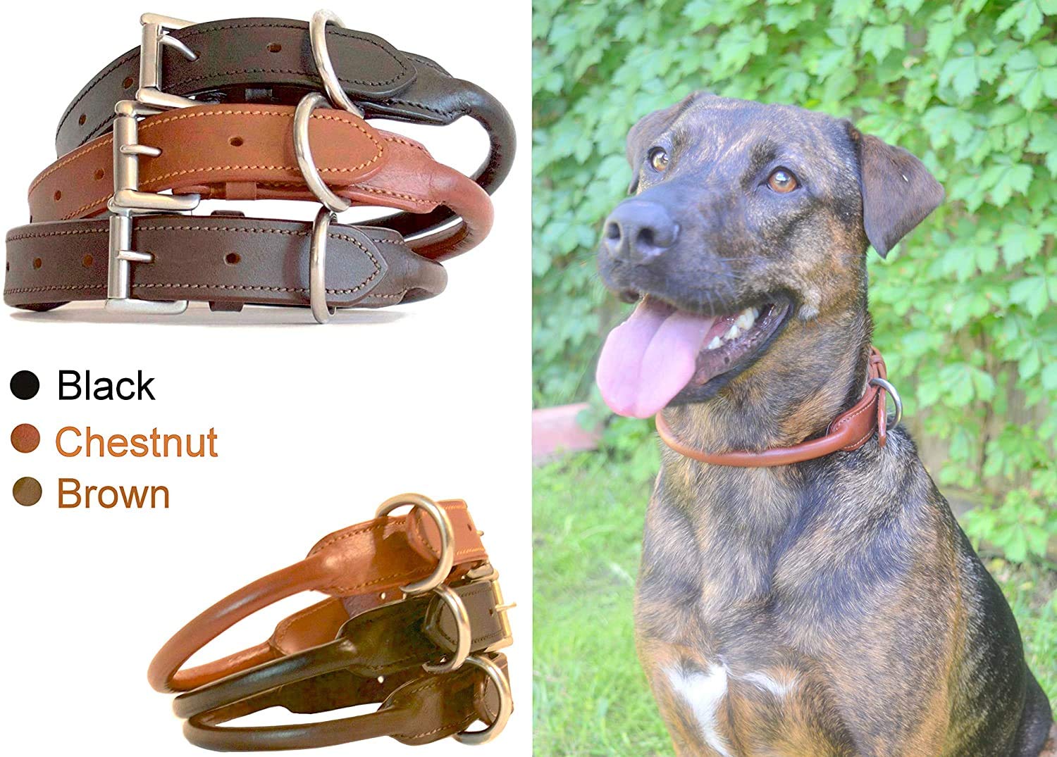Sie Rolled Leather Dog Collars (18'', Chestnut)